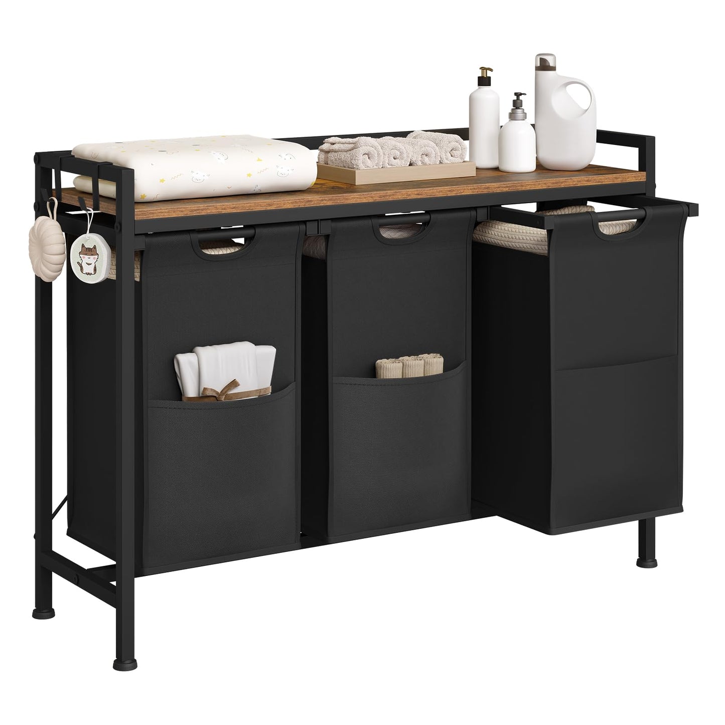 WOLTU Laundry Basket, 3 Compartments, Each 40 L, Laundry Hamper with Shelf Metal Frame, Oxford Fabric Laundry Bag, Extendable, Removable, Laundry Sorter, Laundry Container, White