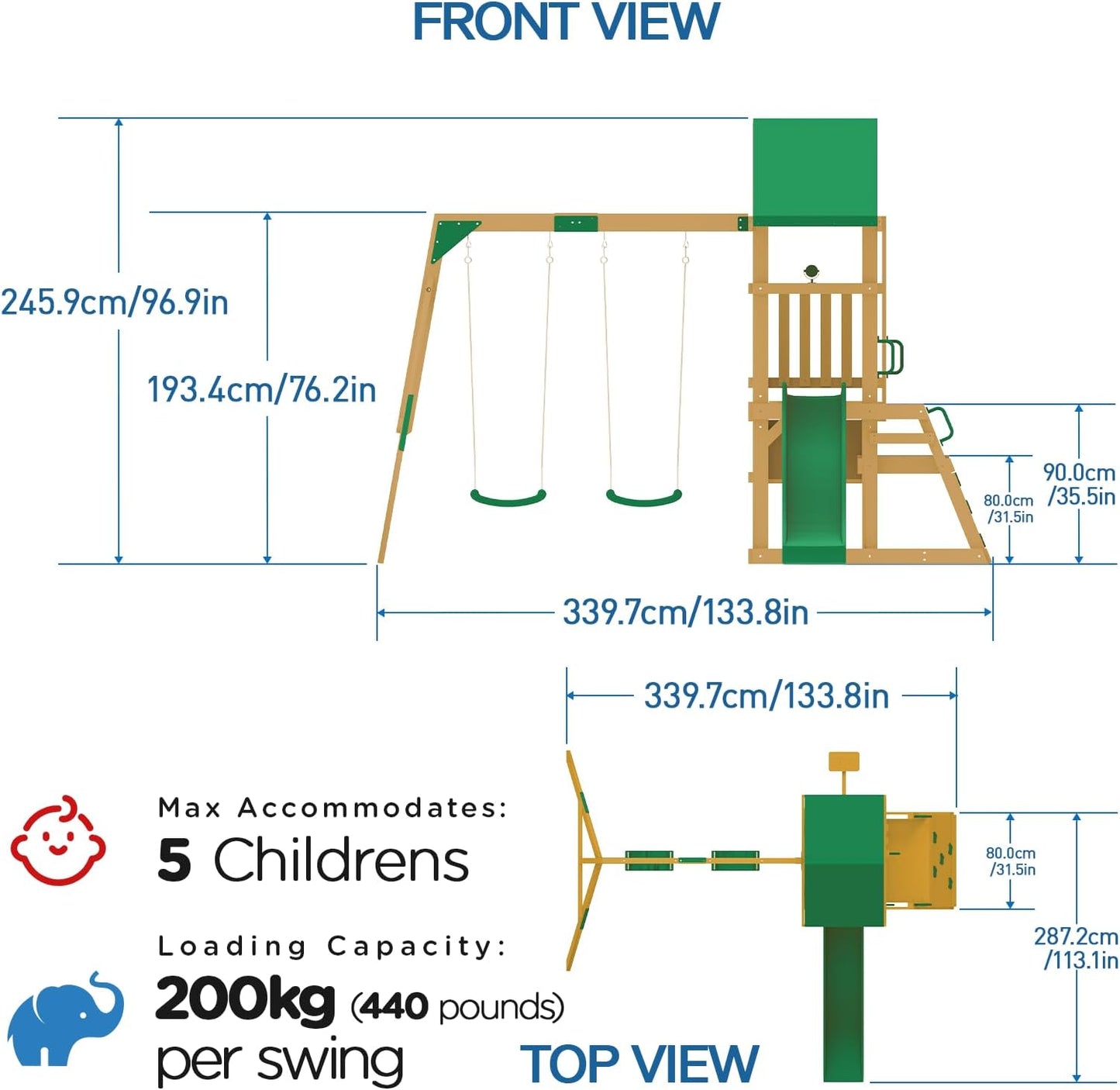 DOLPHIN PLAYGROUND T Schaukelgestell Outdoor-Set mit 2 Schaukeln, Rutsche, Kletterwand, Tafel, Picknicktisch & Teleskop - Robustes Outdoor-Spielgerät aus Zedernholz für Kinder ab 3 Jahren