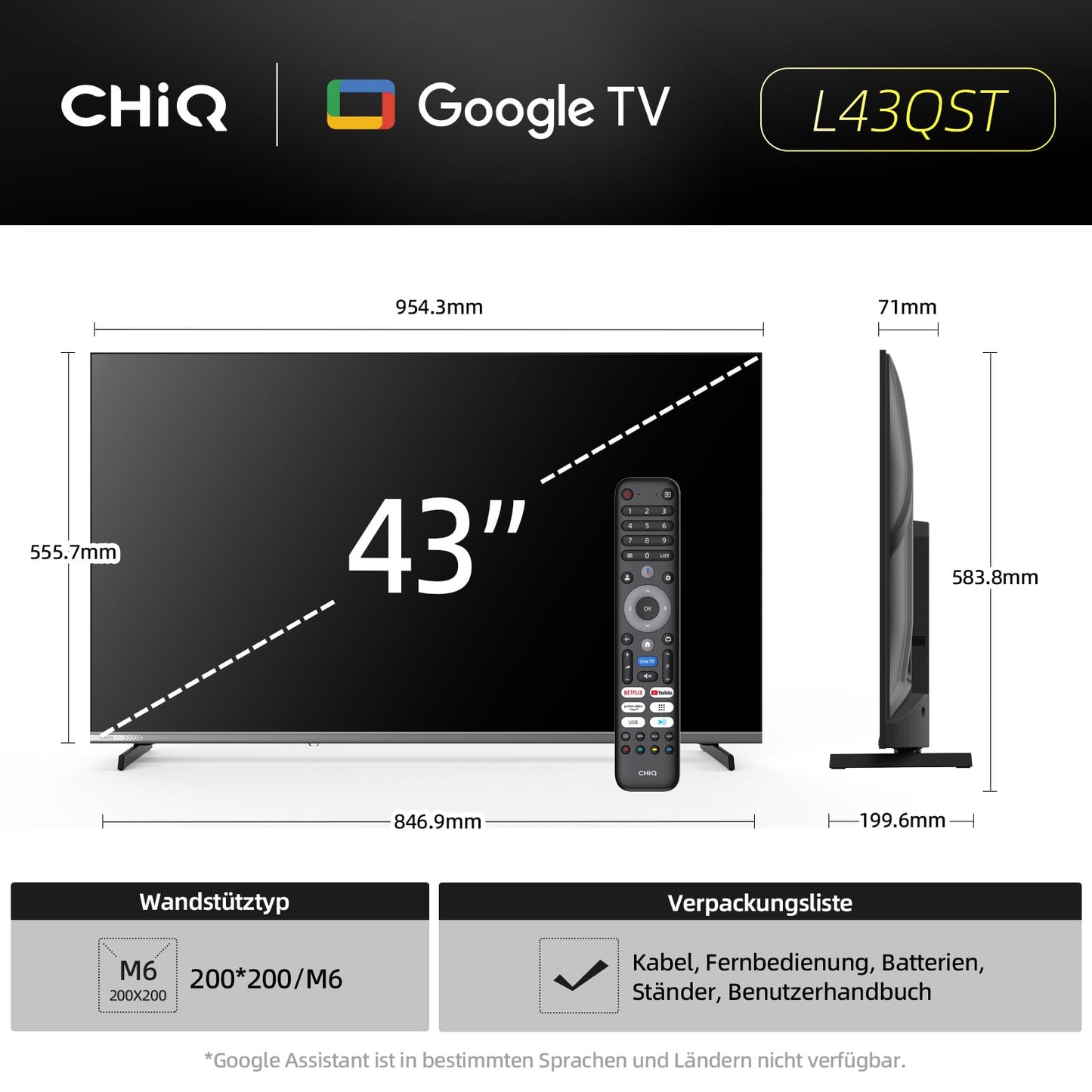 CHIQ L40FT 40 Zoll, Full HD, (100 cm) Smart Fernseher, HDR10, Dolby Audio & DBX-tv, Triple Tuner DVB-C/T2/S2, Integrierter Chromecast, Metall Randlos Design