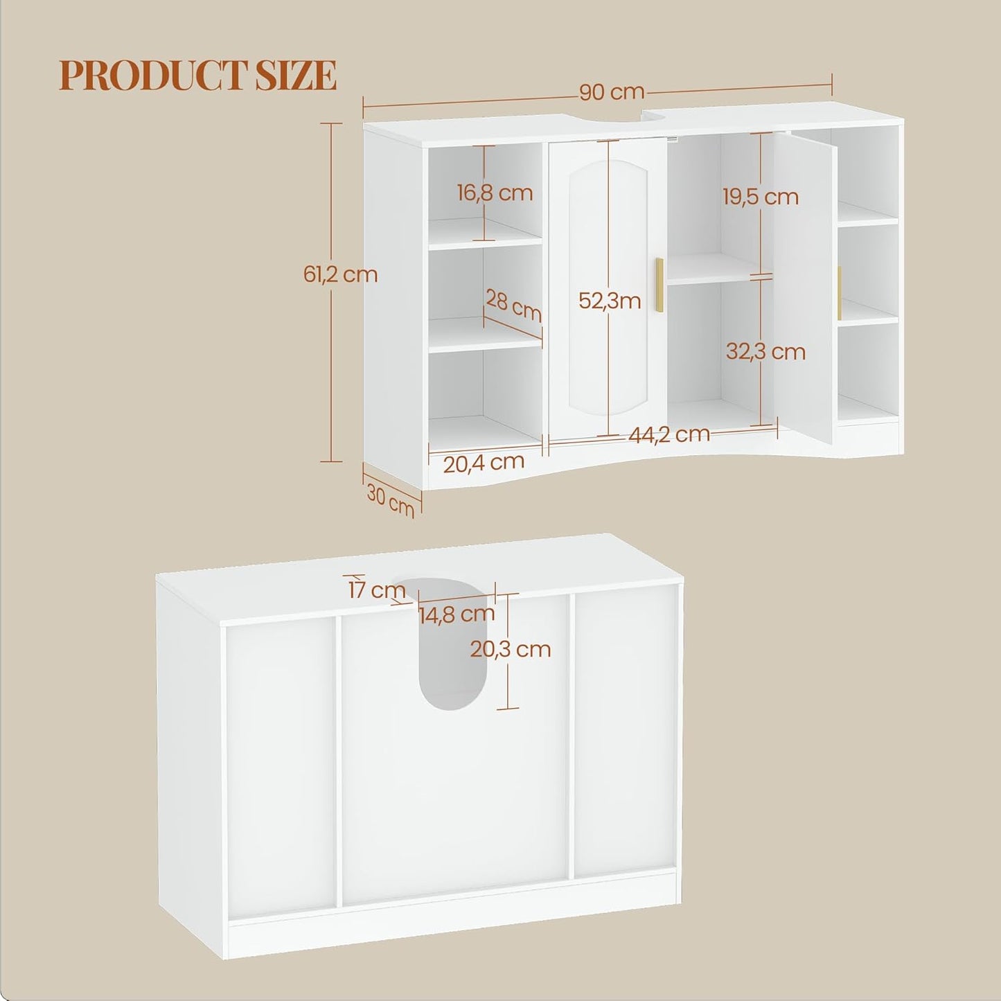 HEXCELEN Vanity Unit, Bathroom Cabinet, Vanity Unit with 2 Doors, 6 Open Compartments, Bathroom Cabinet, Adjustable Shelf, Lots of Storage Space, White, 30 x 90 x 61.2 cm