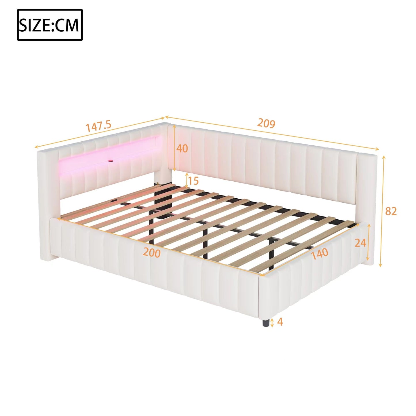 KEYIDE Upholstered Sofa Bed, 140 x 200 cm with LED Lighting and USB Charging, Bed Frame with Wooden Slatted Frame, Day Bed, Guest Bed, Youth Bed, Velvet Fabric, Without Mattress (Grey, 140 x 200)