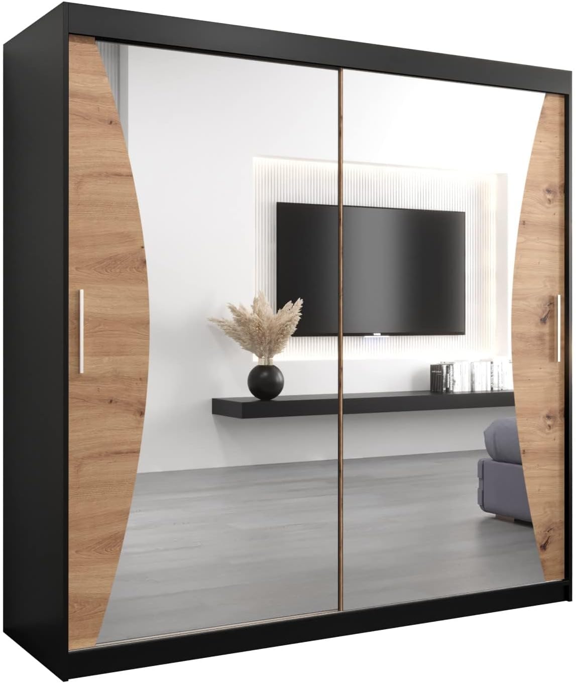 MEBLE KRYSPOL Kleiderschrank mit Spiegel Monaco - Garderobenschrank - Schrank Schlafzimmer - Mehrzweckschrank DREI Schiebetüren - Regalen - Flur Möbel - Kleiderstange Schrank - Allzweckschrank