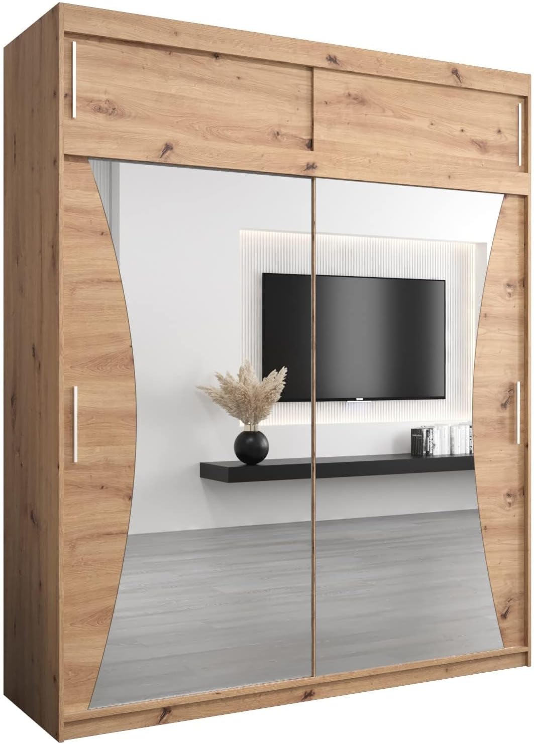 MEBLE KRYSPOL Kleiderschrank mit Spiegel Monaco - Garderobenschrank - Schrank Schlafzimmer - Mehrzweckschrank DREI Schiebetüren - Regalen - Flur Möbel - Kleiderstange Schrank - Allzweckschrank