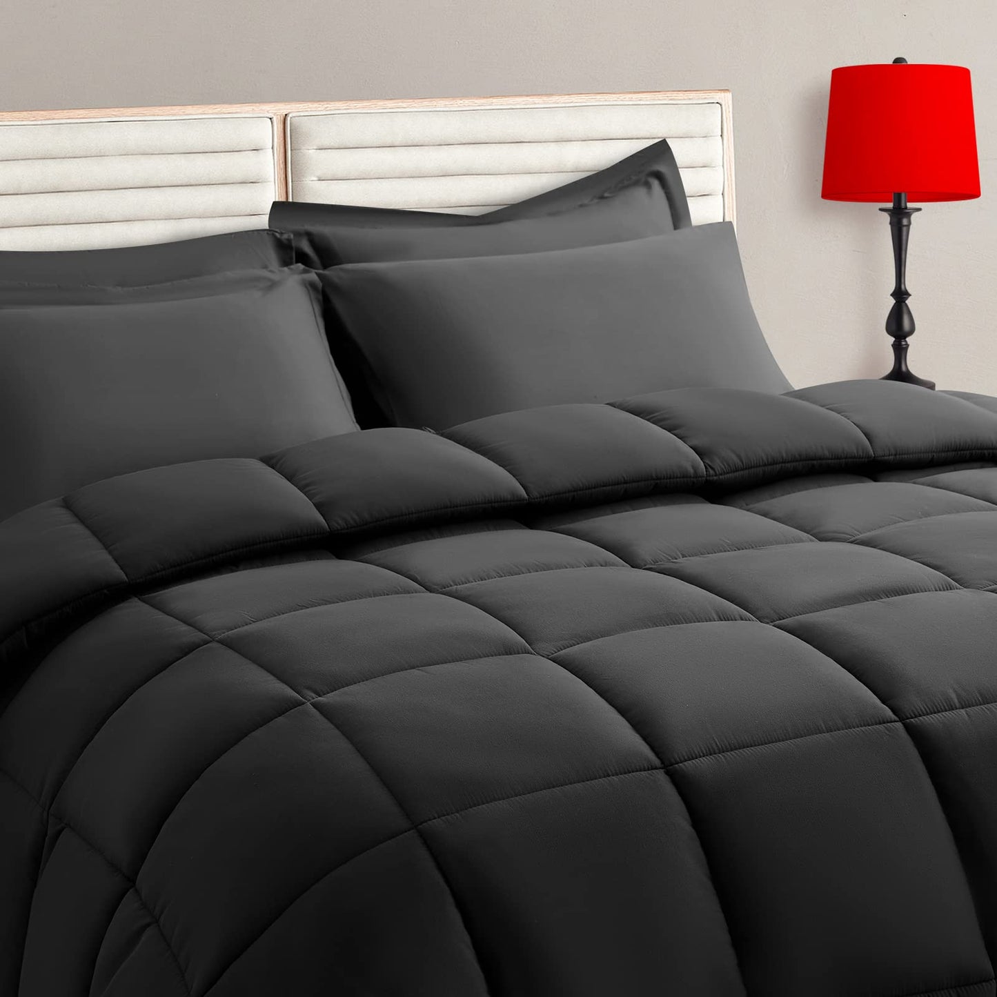 Twin Size Comforter Set - 5 Pieces, Bed in a Bag Bedding Sets with All Season Soft Quilted Warm Fluffy Reversible Comforter,Flat Sheet,Fitted Sheet,1 Pillow Shams,1 Pillowcases,Black