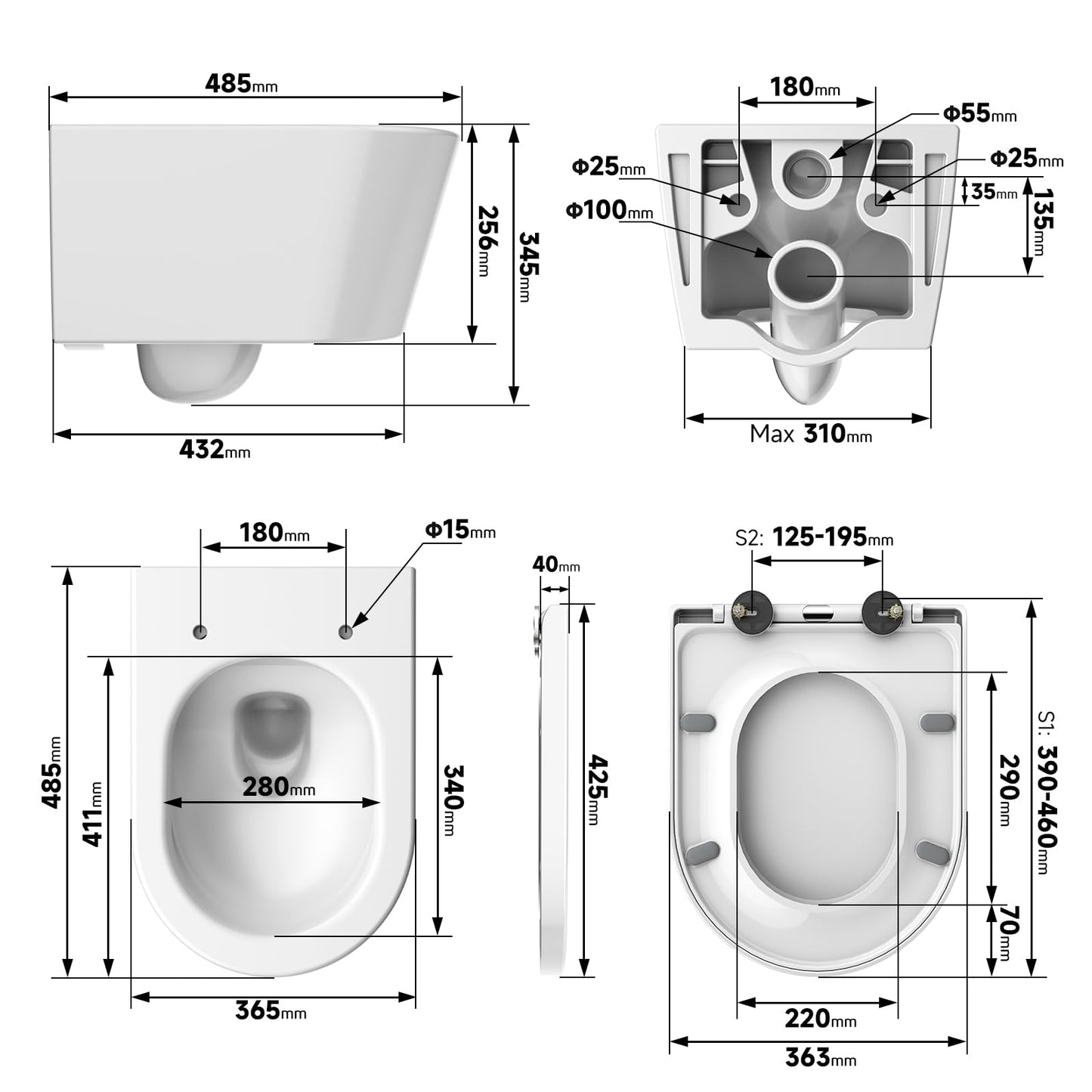 Rainsworth Spülrandlos Wand-WC Tiefspül Toilette - Hänge Toiletten mit effizienter Spültechnik, Kloschüssel inklusive WC-Sitz mit Absenkautomatik und Schnellspanner, Weiß, 48,5 cm lang