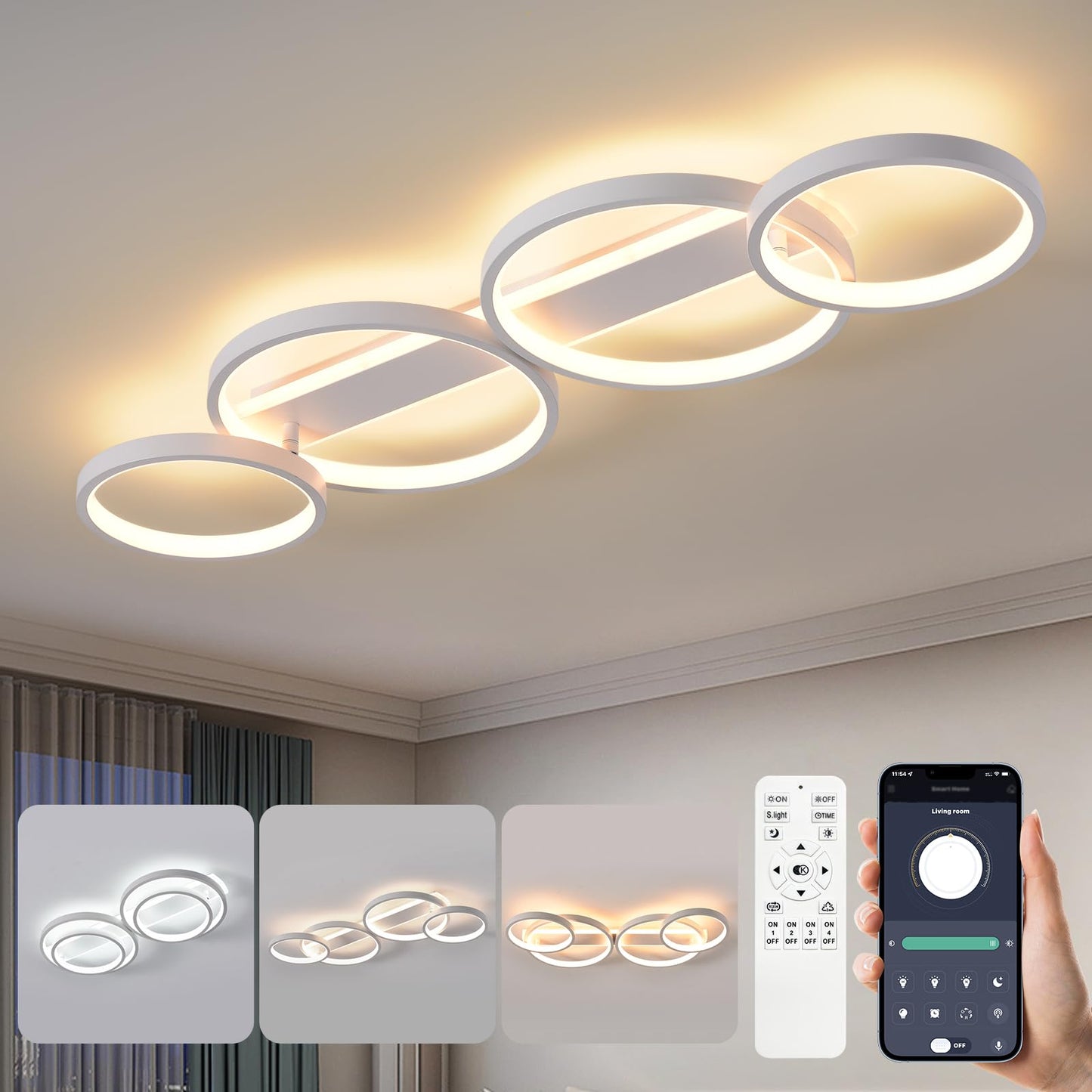 LED Ceiling Lamp, Dimmable Ceiling Light with Remote Control App, Adjustable Ring Shape Living Room Lamp 4 Bulbs Chandelier Lamp, 48 W 3000-6500 K Ceiling Lighting for Bedroom Living Room, Black, 86