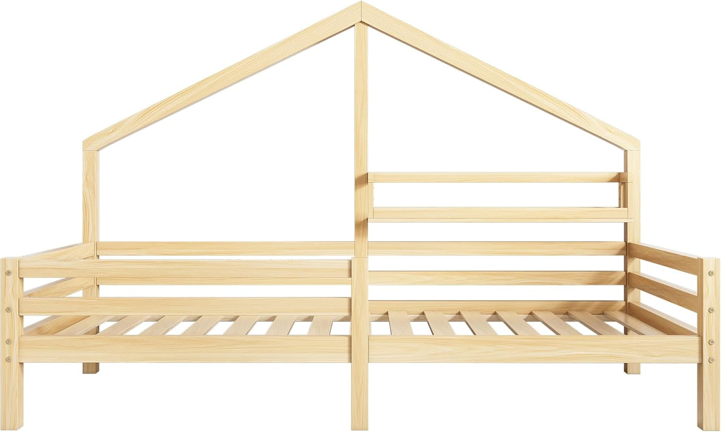Merax Children's Bed 90 x 200 cm with Fall Protection, Children's House Bed with Drawers and Storage Shelf, Sturdy Wooden Tree House Bed with Slatted Frame, Play Bed for Boys and Girls, White