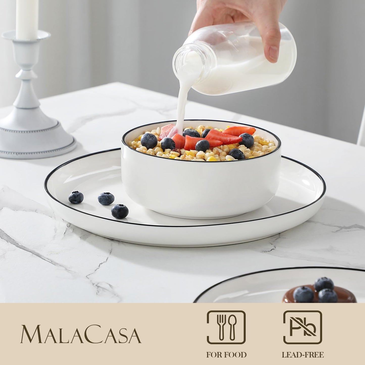MALACASA Geschirrset 6 Personen, LUNA 24-tlg Tafelservice aus Weißem Porzellan, Modernes Geschirr Set mit je 6 Speiseteller, Dessertteller, Suppenteller und Müslischalen