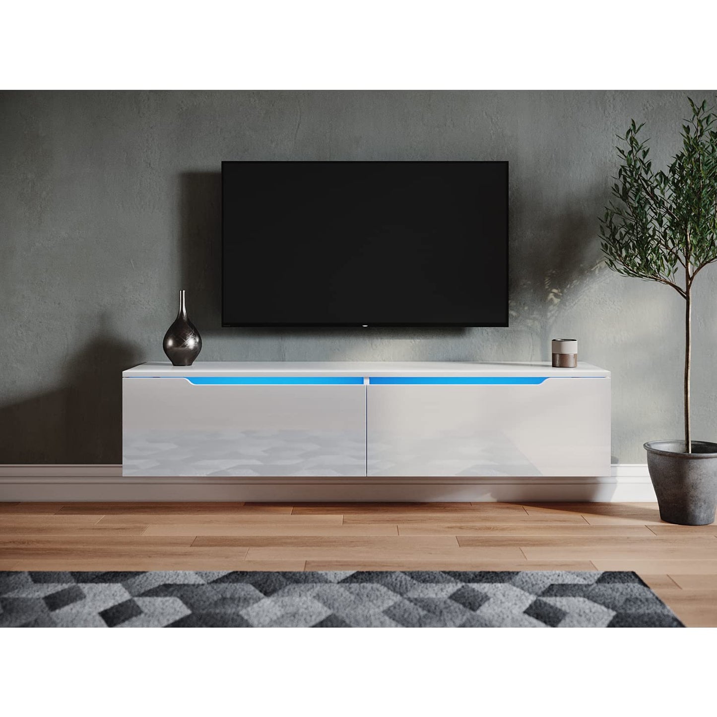 SONNI Modern TV Cabinet 180 cm, Lowboard High Gloss White with 16 Colours LED Lighting, Drawer, Open Glass Shelves, TV Stand for TVs up to 65 Inches, Living Room & Bedroom, 180 x 35 x 45 cm