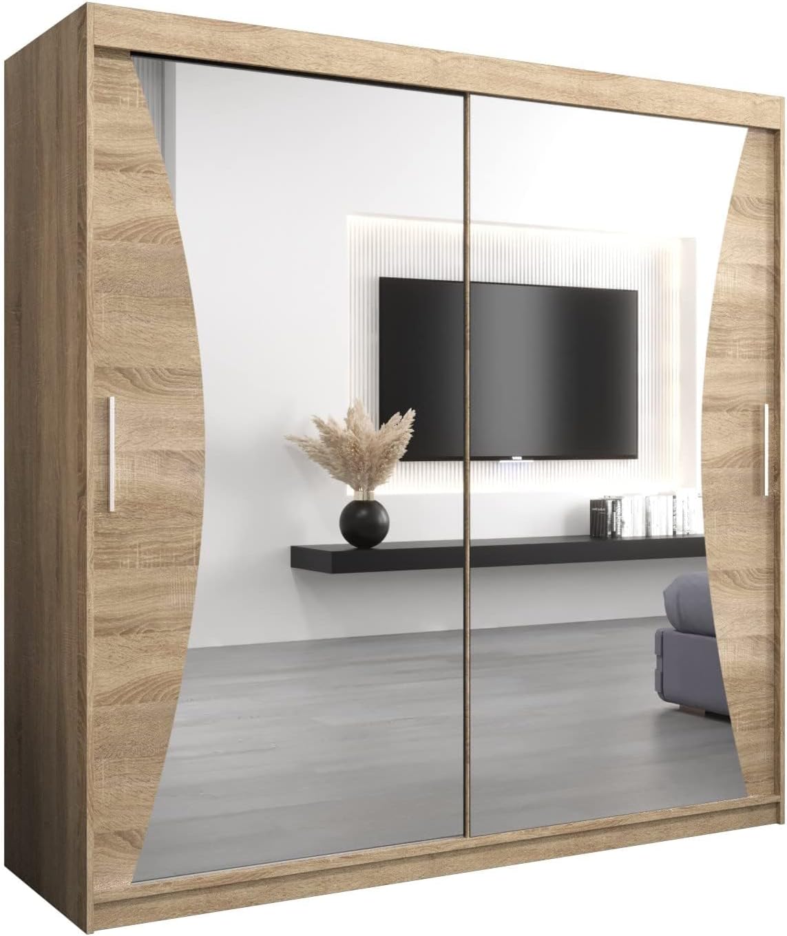 MEBLE KRYSPOL Kleiderschrank mit Spiegel Monaco - Garderobenschrank - Schrank Schlafzimmer - Mehrzweckschrank DREI Schiebetüren - Regalen - Flur Möbel - Kleiderstange Schrank - Allzweckschrank