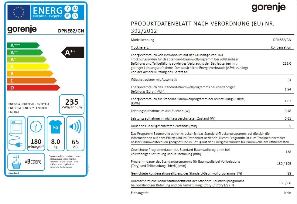 Gorenje DPNE82/GN Trockner/Kondensation mit Wärmepumpe / 8kg / 16 Programme/WIFI/Made in Europe/WaveActive Trommel/TwinAir/Feuchtesensor/Naturedry/LED Display/EEK: A++
