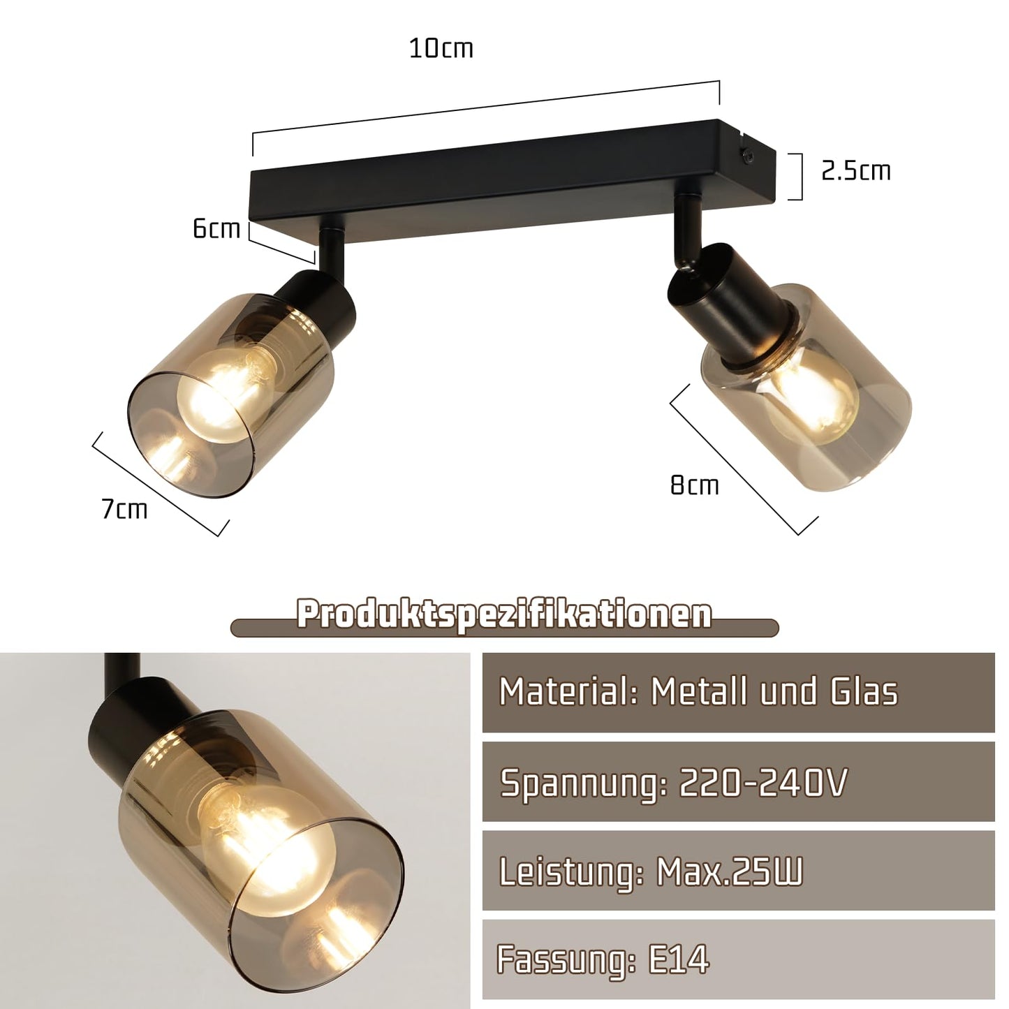 Kowanie Deckenlampe Vintage 6 flammig: Industrial Wohnzimmerlampe Schwarz Deckenleuchte Wohnzimmer retro Kronleuchter aus Glas Deckenbeleuchtung inkl. 6 × E14 2700K Leuchtmittel für Küche