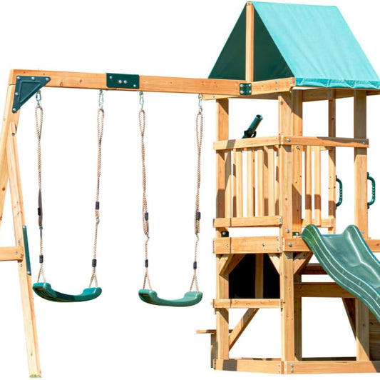 DOLPHIN PLAYGROUND T Schaukelgestell Outdoor-Set mit 2 Schaukeln, Rutsche, Kletterwand, Tafel, Picknicktisch & Teleskop - Robustes Outdoor-Spielgerät aus Zedernholz für Kinder ab 3 Jahren