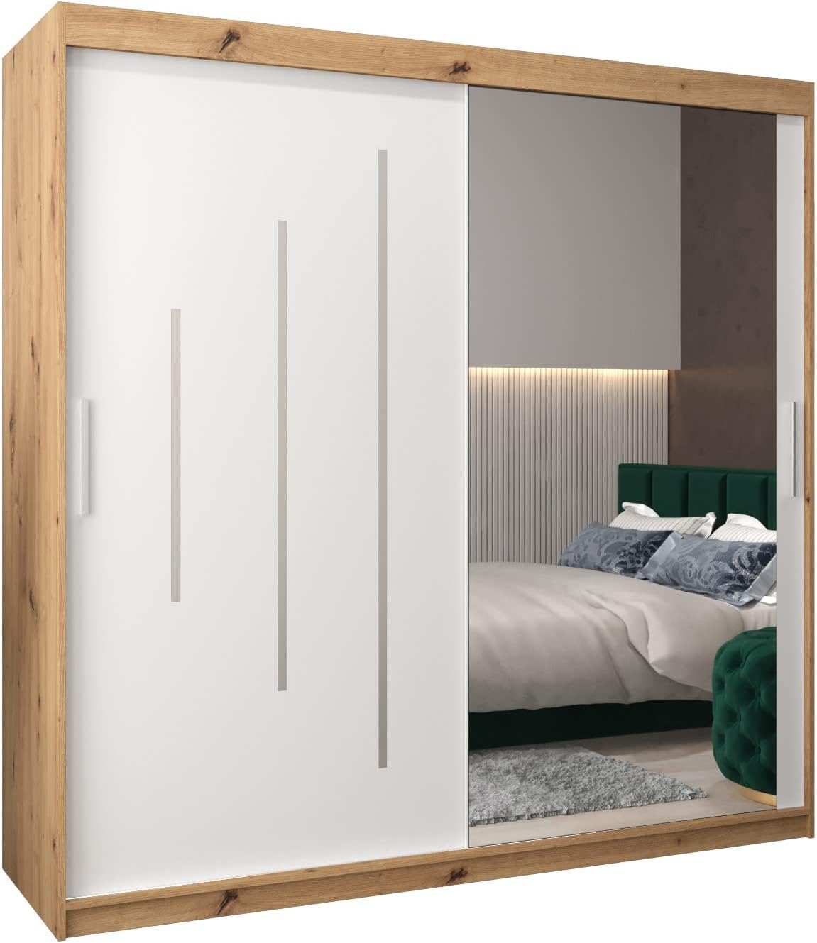 MEBLE KRYSPOL Kleiderschrank mit Spiegel York 2 - Garderobenschrank - Schrank Schlafzimmer - Mehrzweckschrank Zwei Schiebetüren - Regalen - Flur Möbel - Kleiderstange Schrank - Allzweckschrank