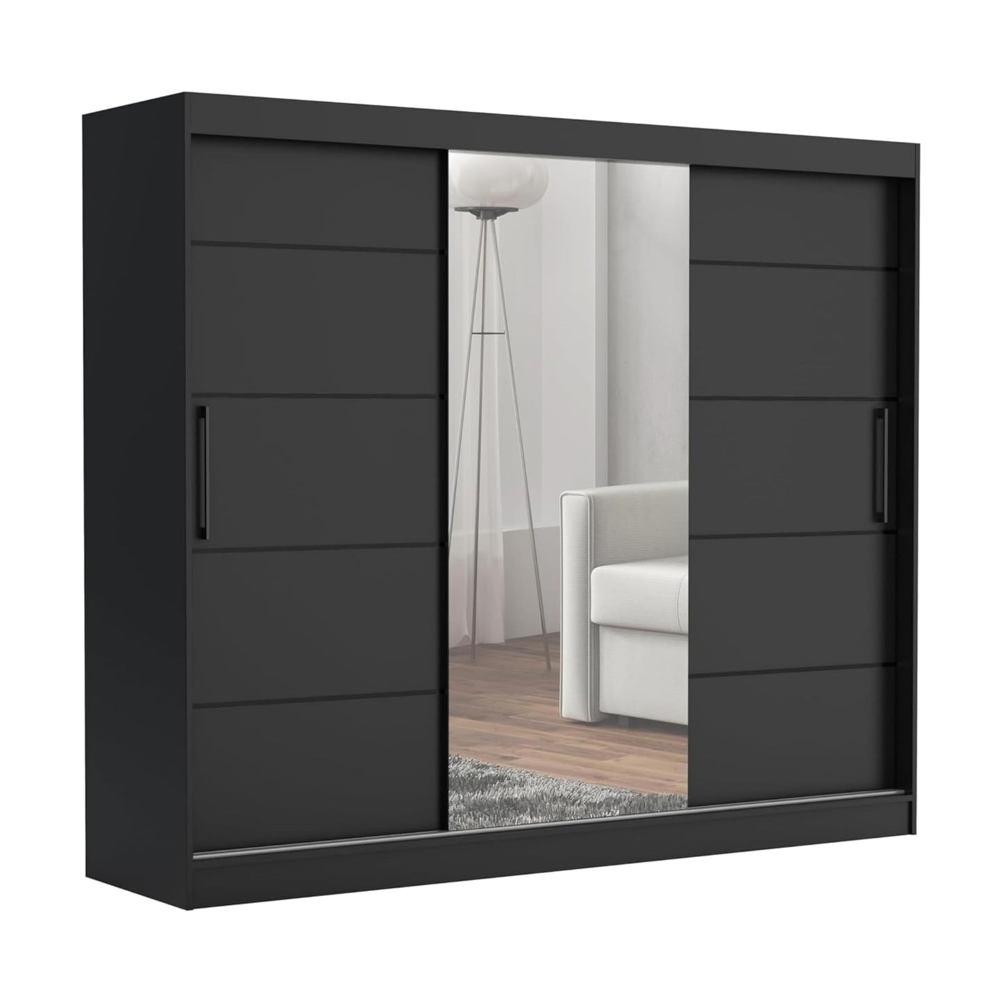 Brent - Kleiderschrank mit Spiegel und Schubladen 235cm Breit Chelsea Tomy, Schwebetürenschrank mit Spiegel, Schlafzimmerschrank, Kleiderschrank Schwarz