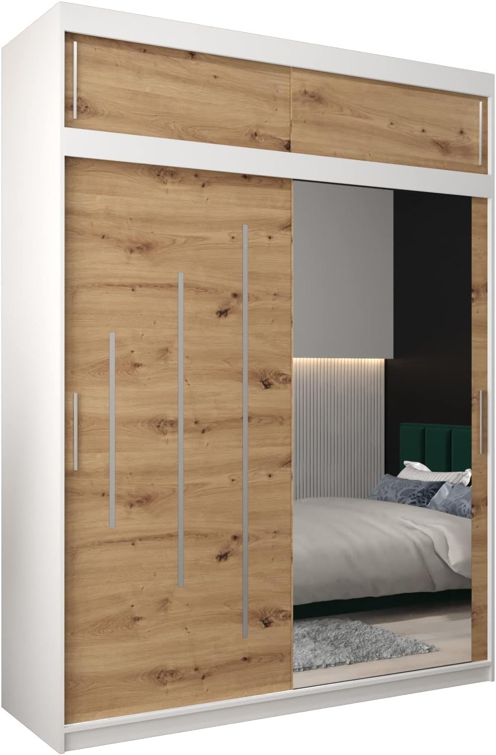MEBLE KRYSPOL Kleiderschrank mit Spiegel York 2 - Garderobenschrank - Schrank Schlafzimmer - Mehrzweckschrank Zwei Schiebetüren - Regalen - Flur Möbel - Kleiderstange Schrank - Allzweckschrank