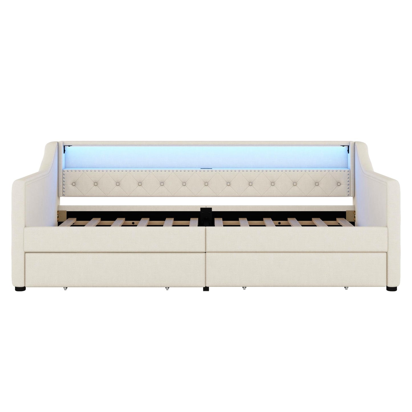 Aoskem Polsterbett Tagesbett Einzelbett 90x200 mit 2 Stauraum Schubladen, Kinderbett LED-Sofabett mit USB-Ladebuchse, Bettgestell mit Lattenrost, Jugendbett Schlafsofa, Ohne Matratze, Leinen (Grau)