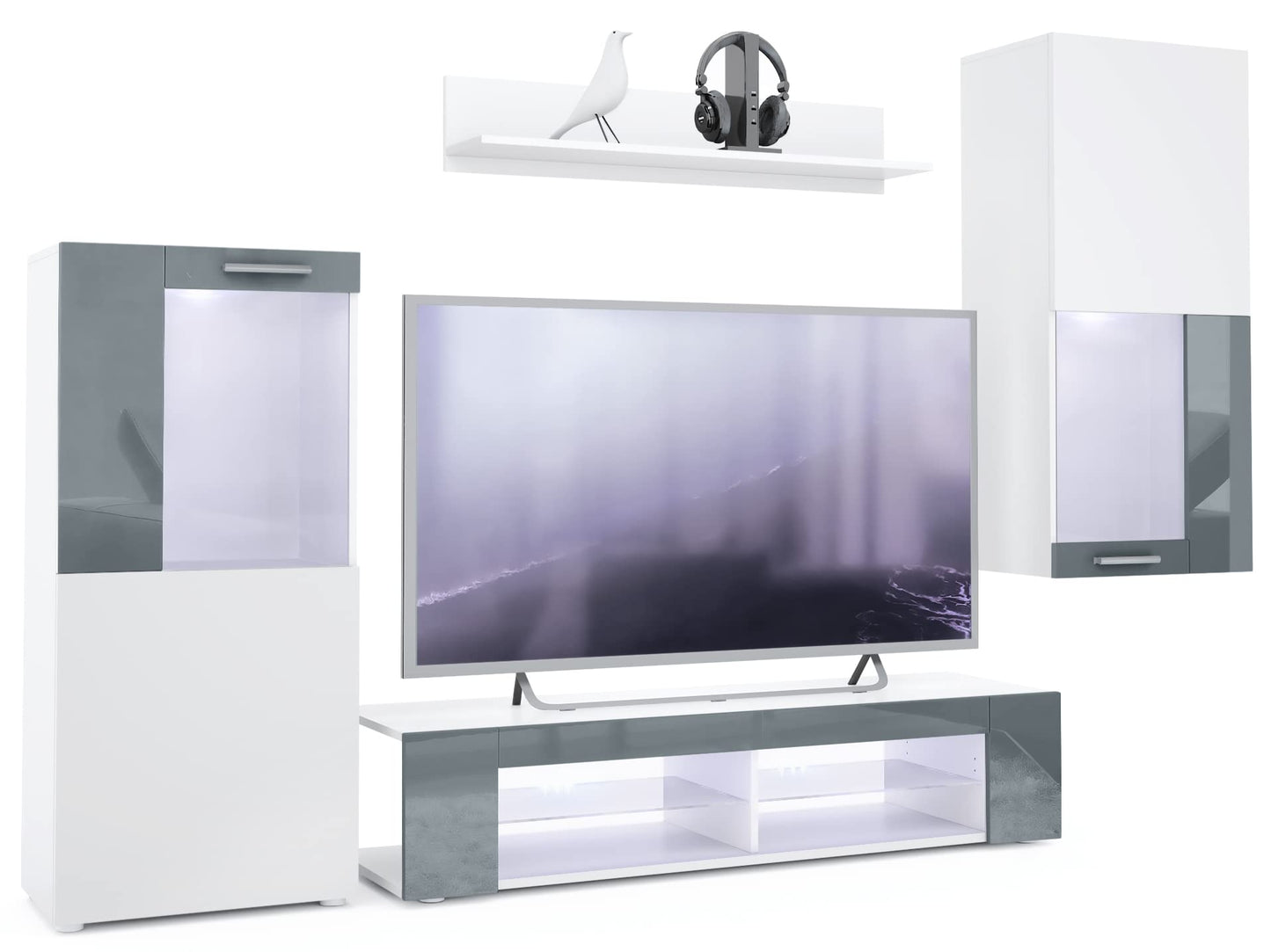Vladon Wohnwand Movie, Anbauwand bestehend aus 1 TV-Board, 2 Vitrinen und 1 Regal, Weiß matt/Weiß matt/Weiß Hochglanz (Gesamt: 300 x 190 x 39 cm)