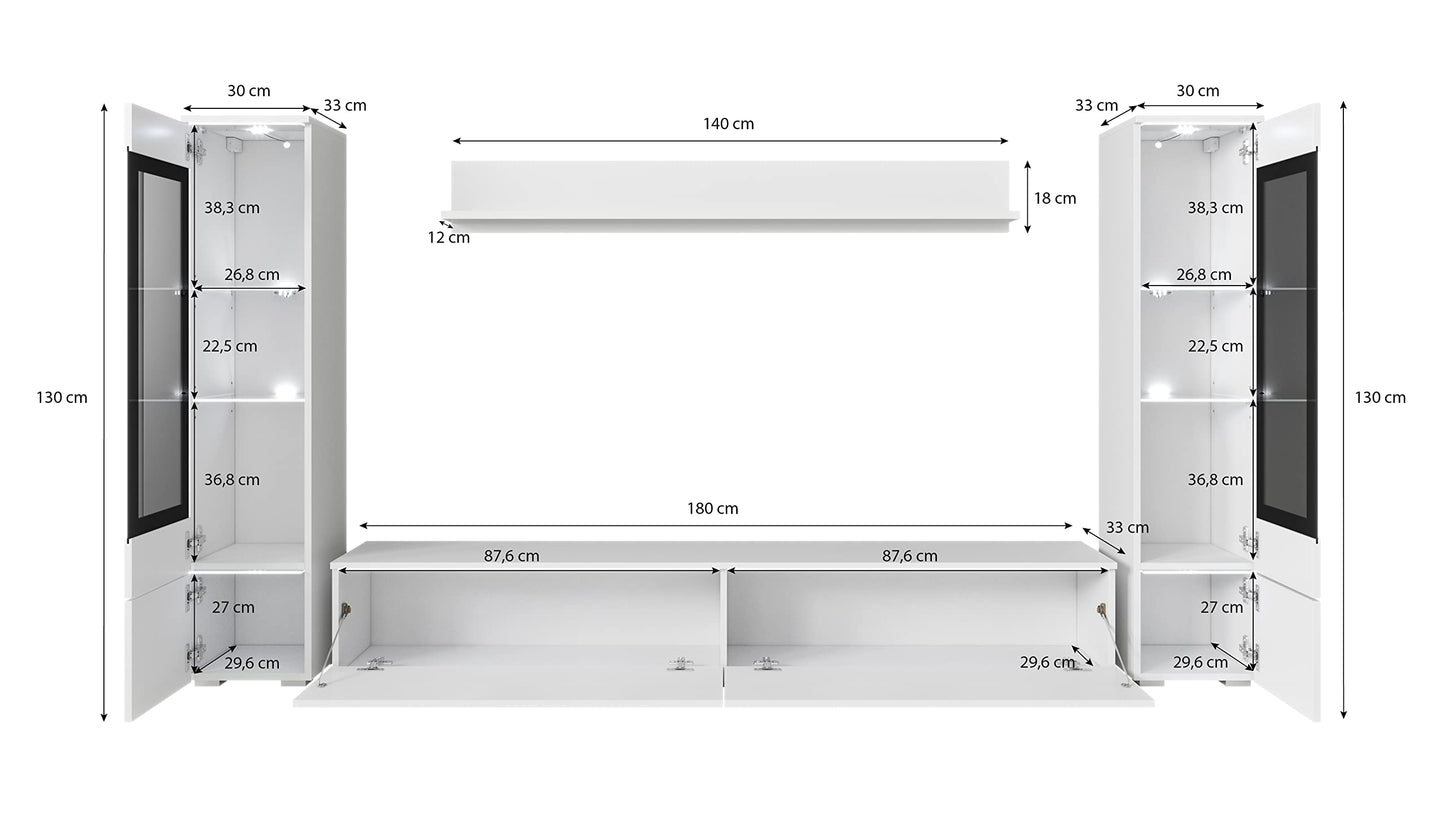 MINIO go for it Veve 2, 4-Piece Wall Unit Set, Hanging or Standing, 2 x Tall Cabinet Display Cabinets, Lowboard, Wall Board, Laminated Clamping Plate, Wotan Oak and Black Gloss, without Lighting