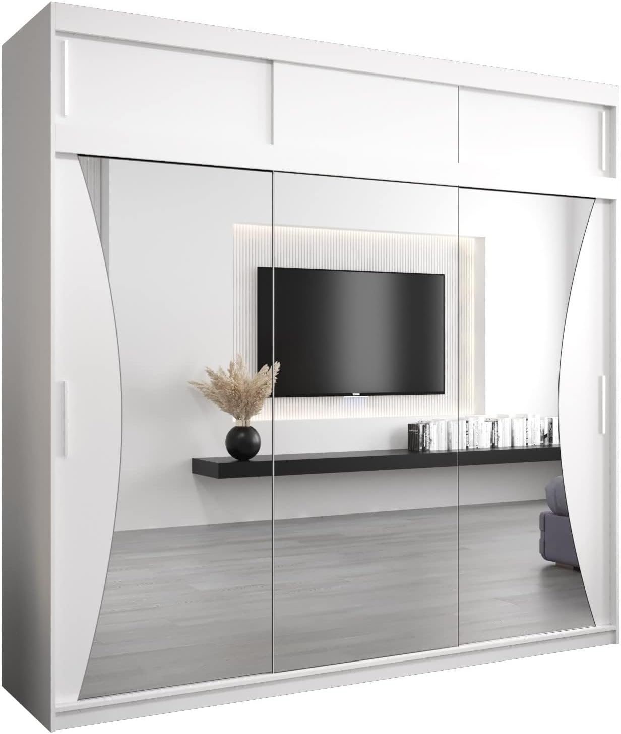 MEBLE KRYSPOL Kleiderschrank mit Spiegel Monaco - Garderobenschrank - Schrank Schlafzimmer - Mehrzweckschrank DREI Schiebetüren - Regalen - Flur Möbel - Kleiderstange Schrank - Allzweckschrank