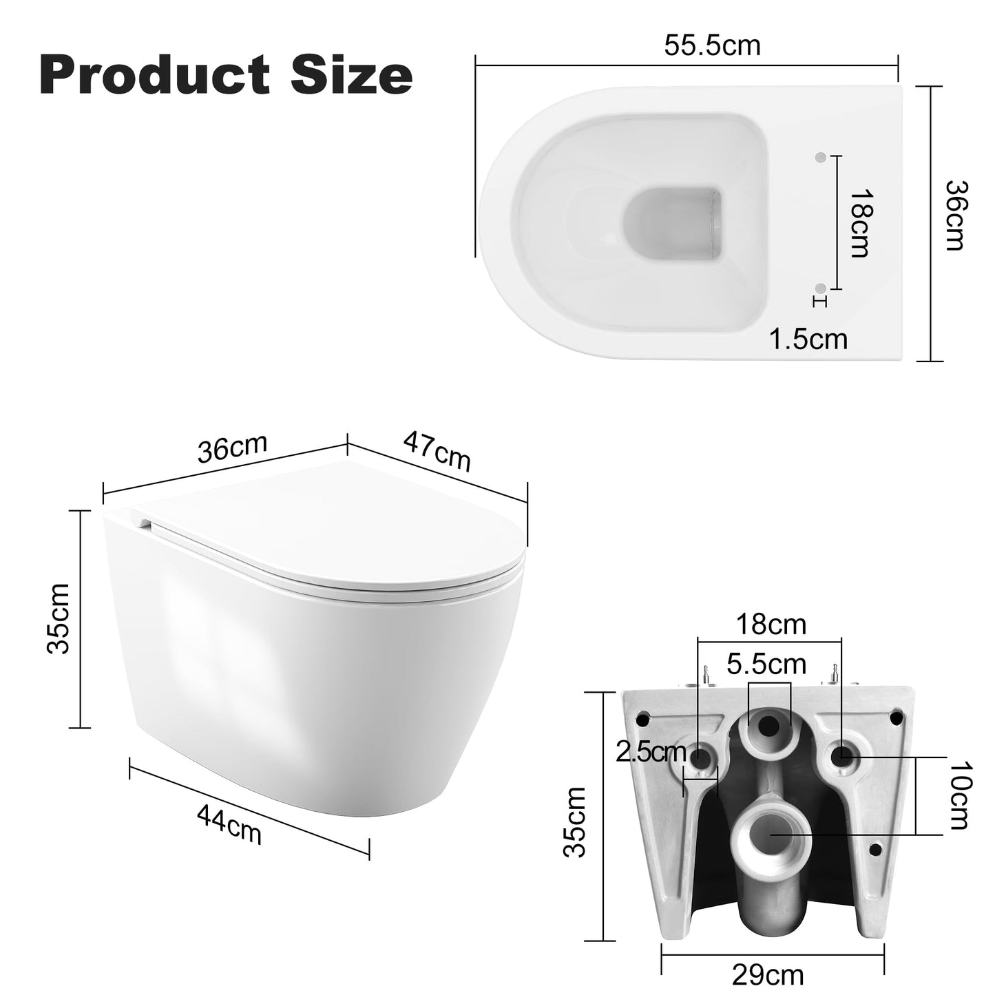 Hängend WC Spülrandlos Toilette, Wand-WC Set aus Keramik mit Toilettendeckel Abnehmbaren Absenkautomatik Effizienter Spültechnik Hängetoilette, D-Form,Lang 51cm, Weiß