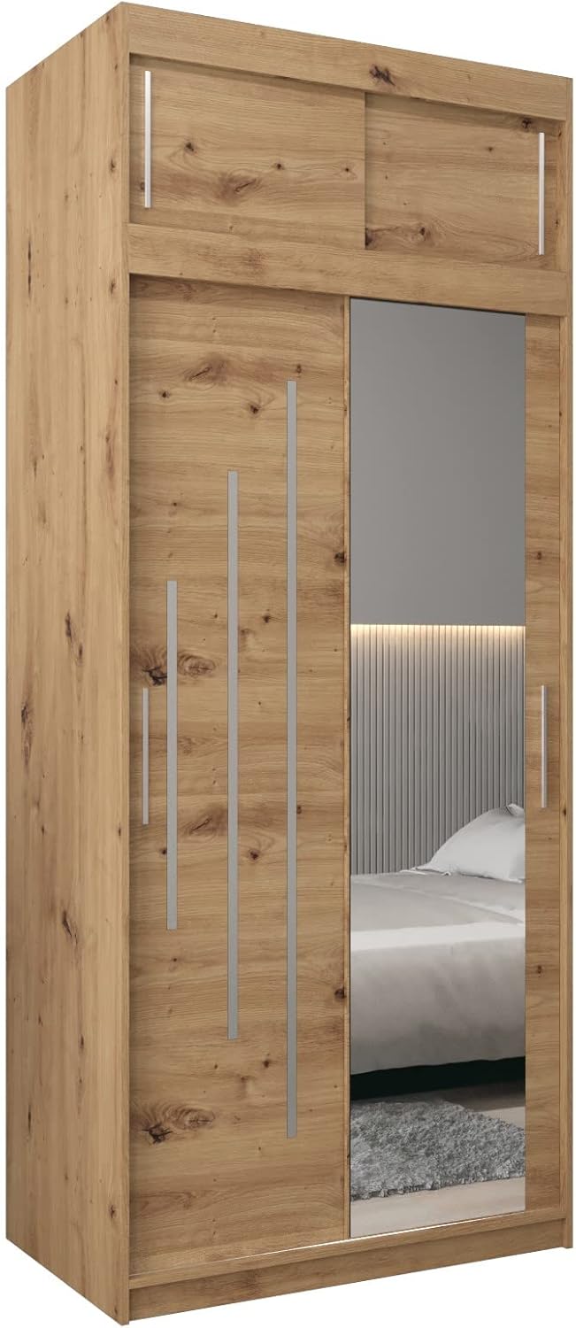 MEBLE KRYSPOL Kleiderschrank mit Spiegel York 2 - Garderobenschrank - Schrank Schlafzimmer - Mehrzweckschrank Zwei Schiebetüren - Regalen - Flur Möbel - Kleiderstange Schrank - Allzweckschrank