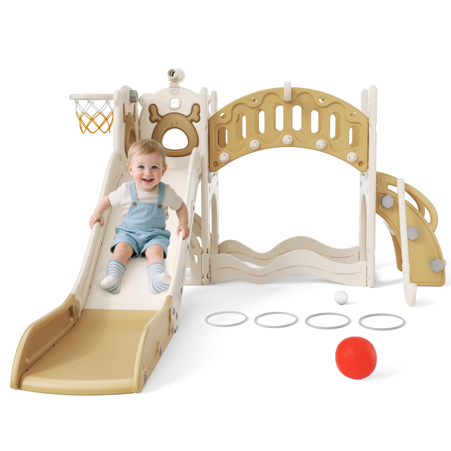 Krovtoy Kleinkindrutsche mit Weihnachtselch-Motiv, freistehende Kleinkindrutsche mit Golf-Set, Babyrutsche, Spielplatzgerät, für den Innen- und Außenbereich (Grau Beige - 6 in 1)