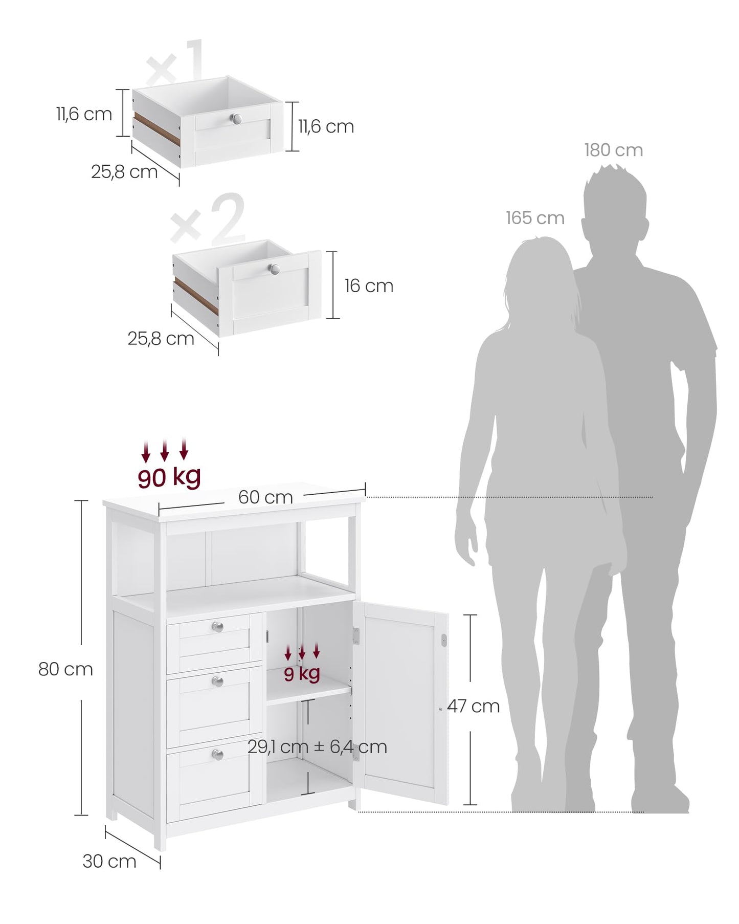 VASAGLE BBC40WT Wooden Bathroom Cupboard Organiser Shelf, Freestanding with 2 Slat Doors, White