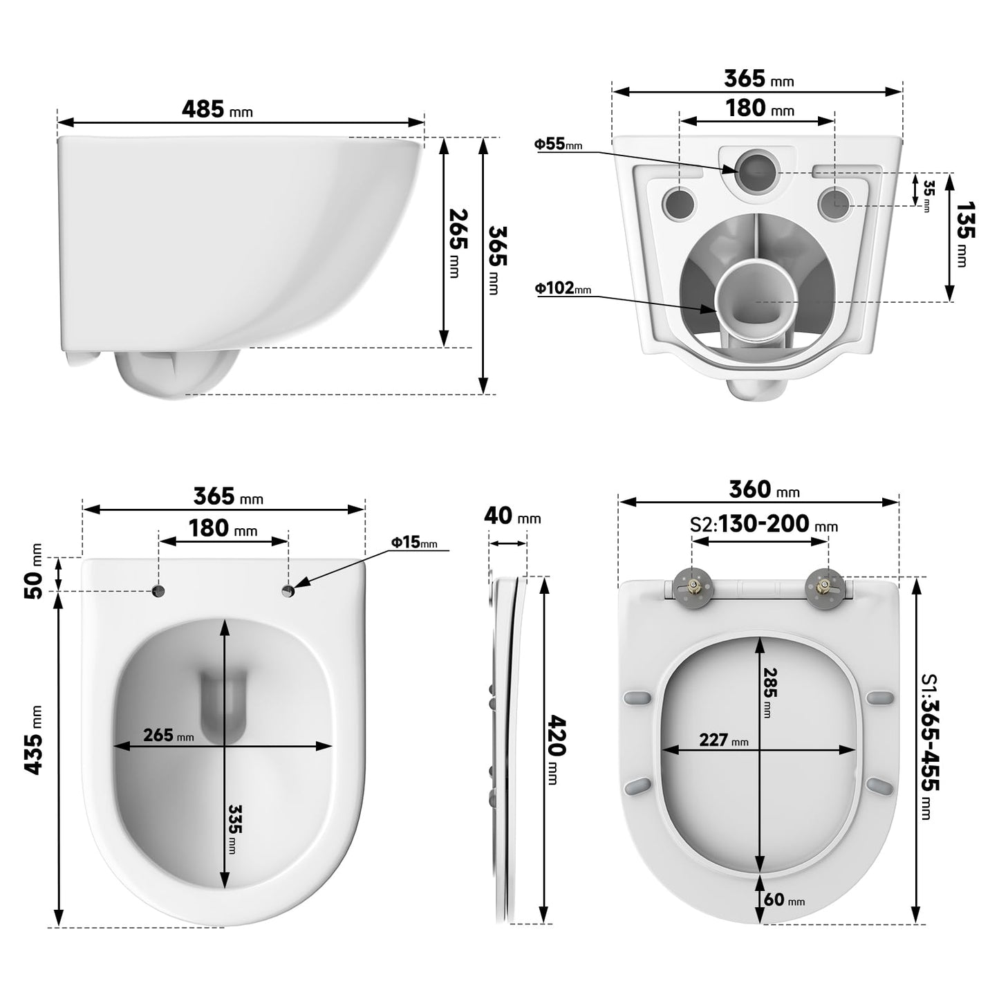 Rainsworth Hänge WC Spülrandlos Toilette - Starker Spülung, Kloschüssel inklusive WC-Sitz Absenkautomatik, Kompakt Design Toilette 48,5 cm lang, Einfach zu einigen, ideal für Badezimmer-Aufstieg