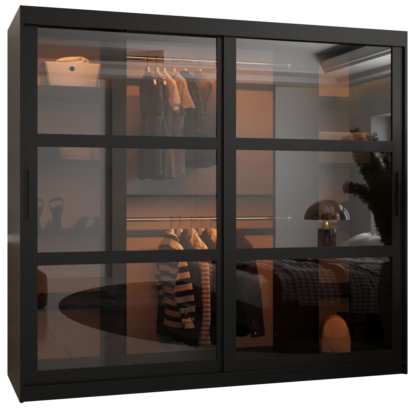MEBLE KRYSPOL Dome 2 Schrank mit DREI Schiebetüren mit Spiegel, Stangen und Regalen - Aufbewahrungsschrank mit Rauchglas für Schlafzimmer, Wohnzimmer - 200x250x62cm - Schwarz, Schwarz, Schwarz