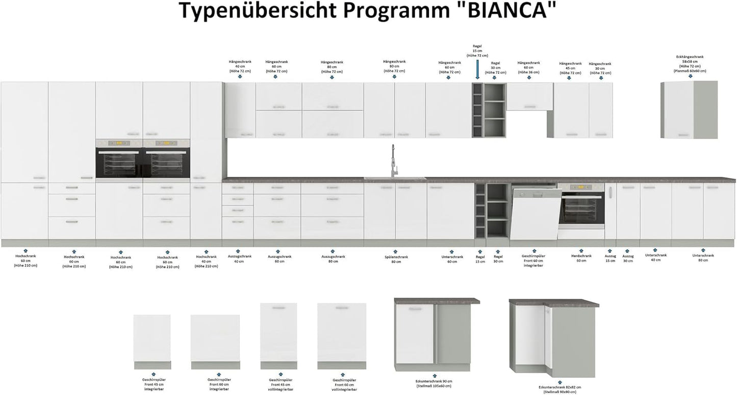 Küche Bianca Basic I 240 cm Küchenzeile Hochglanz weiß Küchenblock Einbauküche