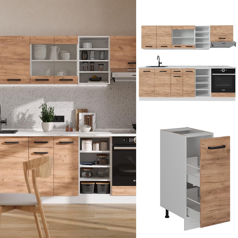 Vicco Küchenzeile R-Line, Küchenblock, Blau-Grau/Weiß, 240 cm ohne Arbeitsplatte