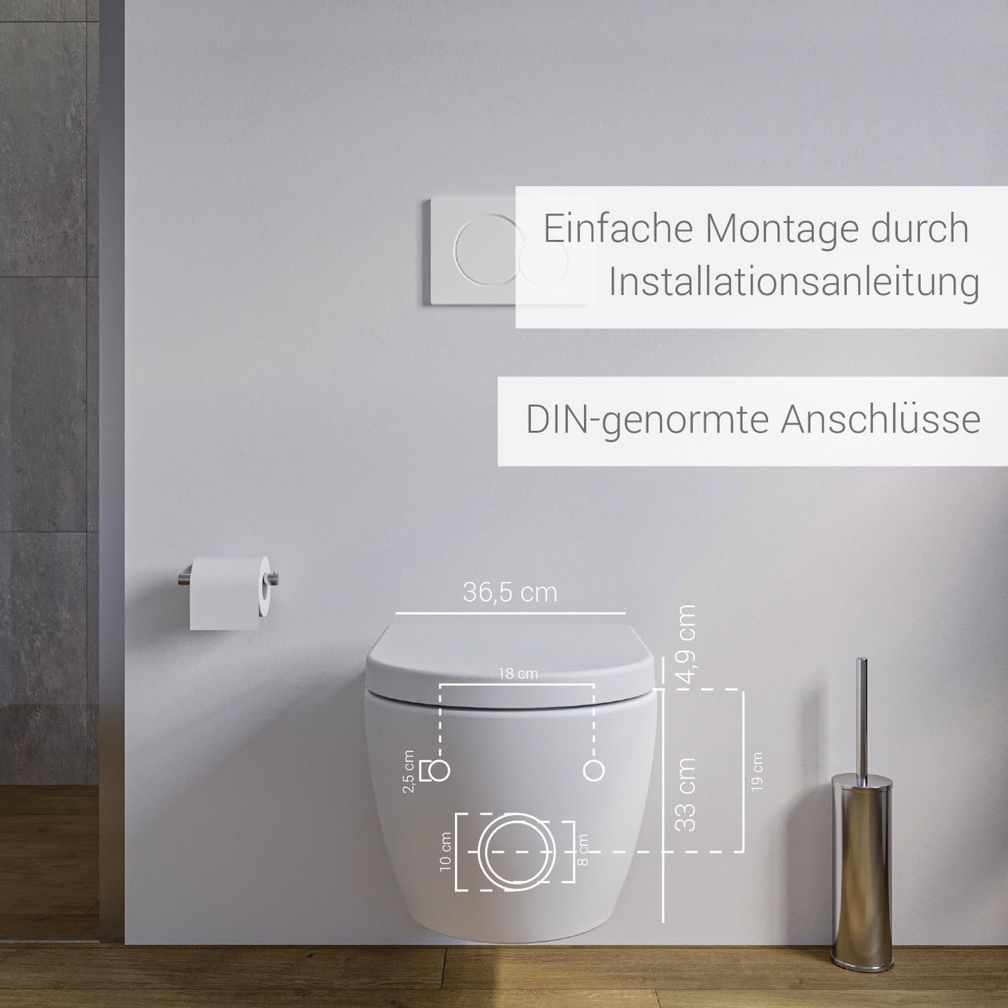 NT2038 Rimless Wall-Mounted Toilet White Shortened Version Ideal for Guest Toilets with SoftClose Lid (Soft-Close Mechanism), Toilet Made of Sanitary Ceramic with Removable Toilet Seat, Washdown