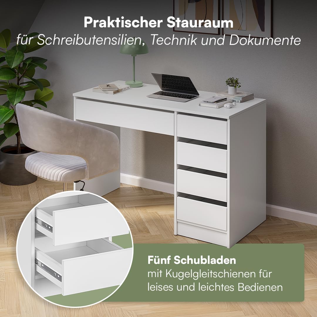 Bellamio Nore Schreibtisch in Schwarz mit 5 Schubladen - Jugendschreibtisch 75x53x110 cm - Schminktisch & Schreibtisch Kombi - Computertisch mit Schubladen beidseitig montierbar – Bürotisch