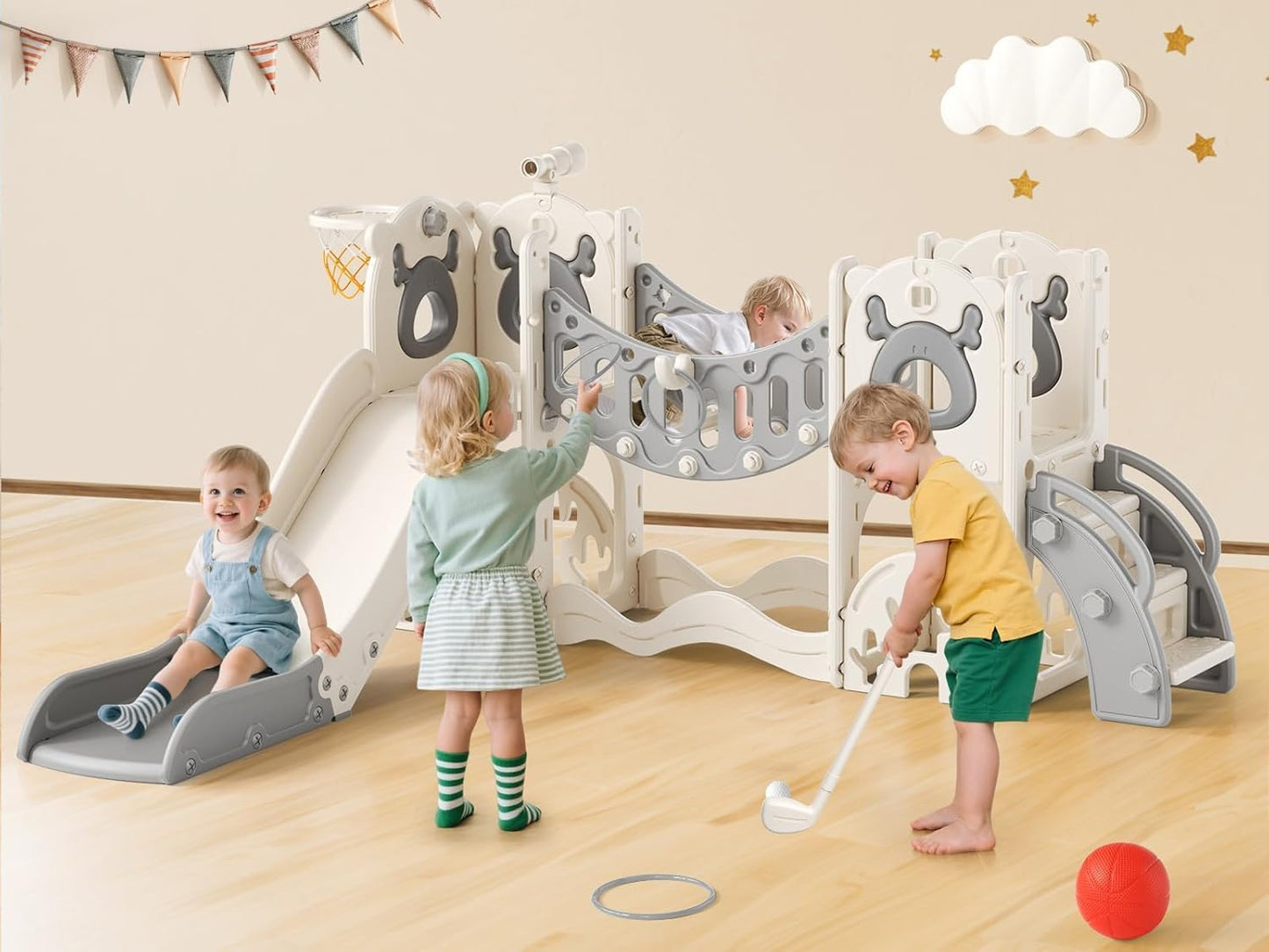 Children's Slide, Large Toddler Slide with Basketball Hoop, Climbing Frame for the Garden, Telescope, Storage Space, for 1-3 Years, Extra Long 1700 mm (7-in-1 Elk Slide Active Model (Khaki)))