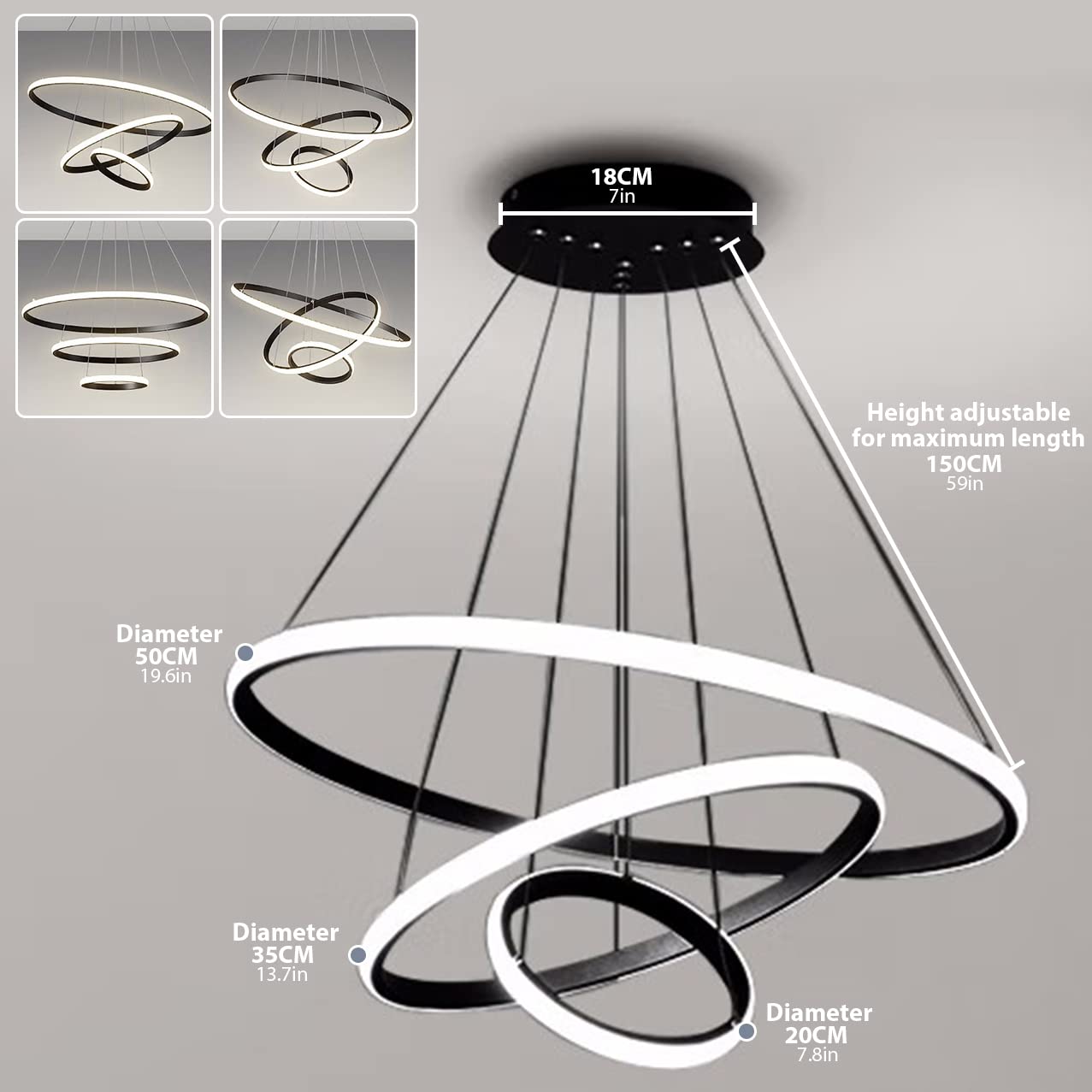 KSIBNW 3 Ringen Moderne LED Hängelampe Esstisch,45W LED Hängeleuchte & Pendelleuchten Höhenverstellbar für Esszimmer Wohnzimmer,Dimmbar Hängeleuchte Aluminium Mit Fernbedienung,3000K-6500K,Schwarz