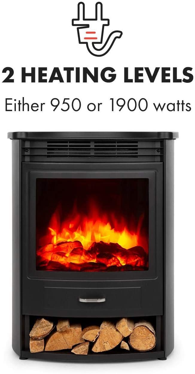 Klarstein Elektrokamin, Elektro Heizungen für Wohnzimmer & Innenräume, Elektrischer Kamin mit LED Flammen, mit Fernbedienung, Heizlüfter mit Timer, Einstellbarer Thermostat, Heizung 1900 W