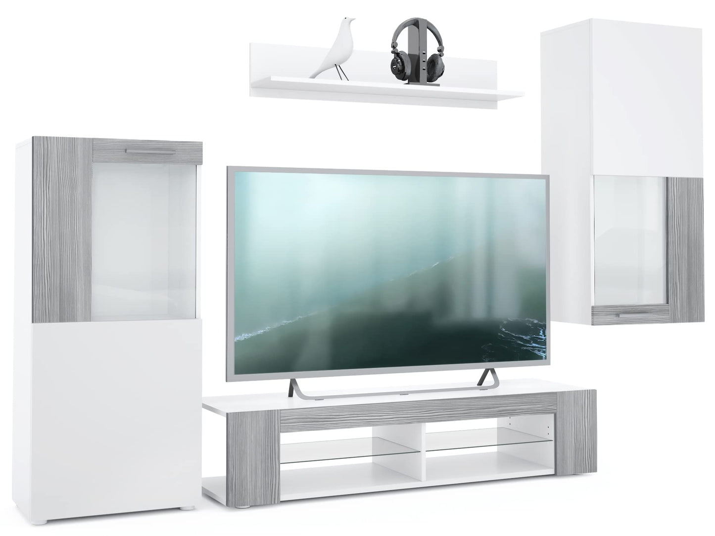 Vladon Wohnwand Movie, Anbauwand bestehend aus 1 TV-Board, 2 Vitrinen und 1 Regal, Weiß matt/Weiß matt/Weiß Hochglanz (Gesamt: 300 x 190 x 39 cm)