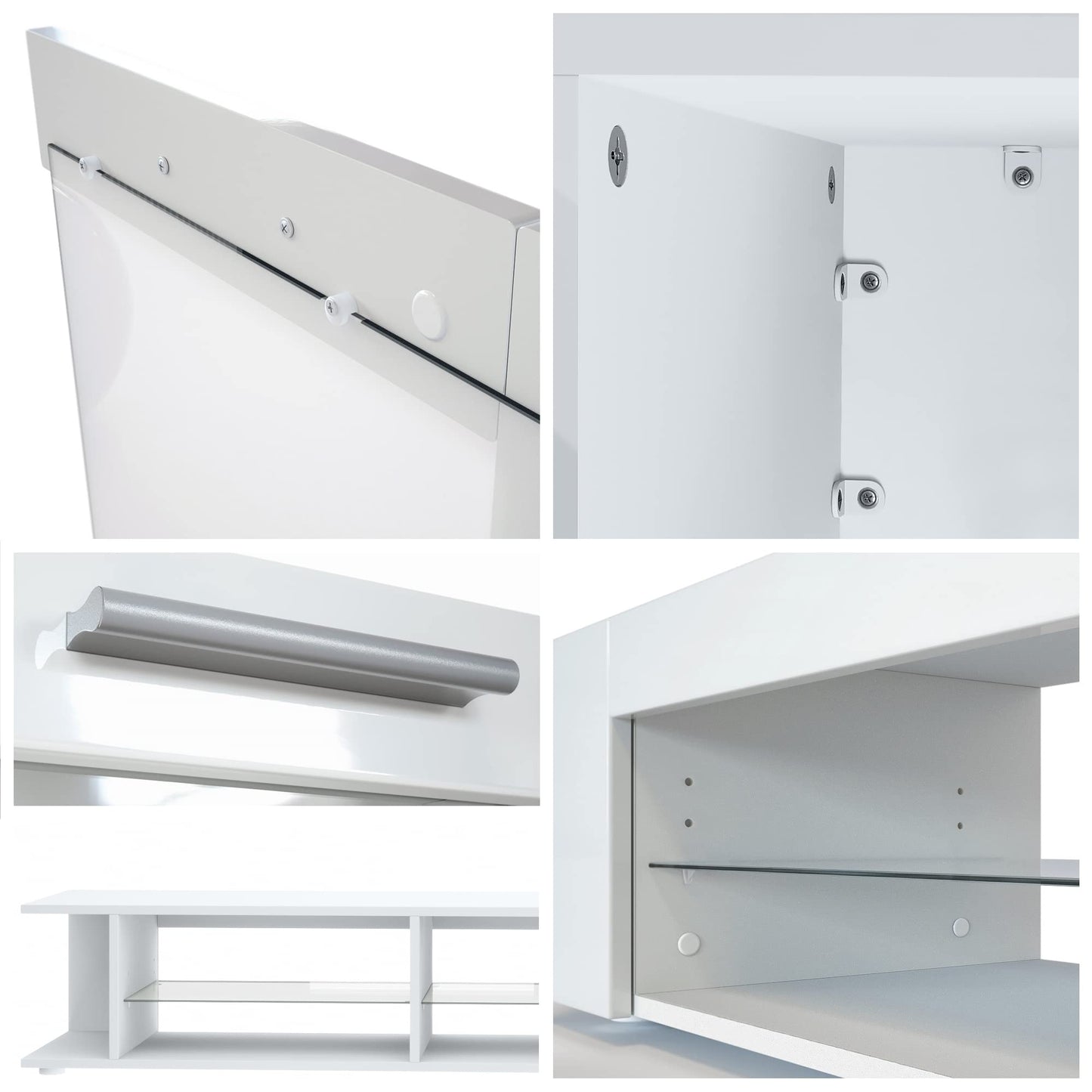 Vladon Wohnwand Movie, Anbauwand bestehend aus 1 TV-Board, 2 Vitrinen und 1 Regal, Weiß matt/Weiß matt/Weiß Hochglanz (Gesamt: 300 x 190 x 39 cm)