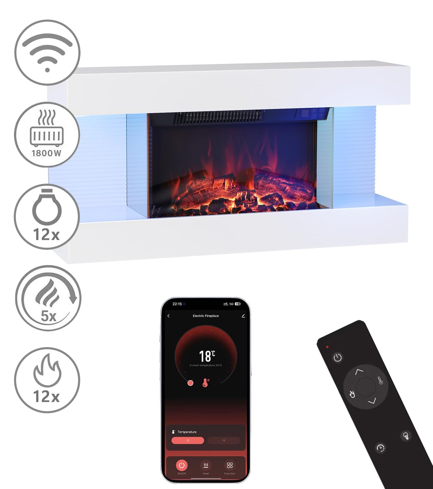 M.C.Haus Wandmontierter Elektrokamin mit 12 Flammenfarben und 3 Helligkeitsstufen | Timer-Funktion & Überhitzungsschutz | Moderner LED-Heizkamin (32in/82cm, weiß)