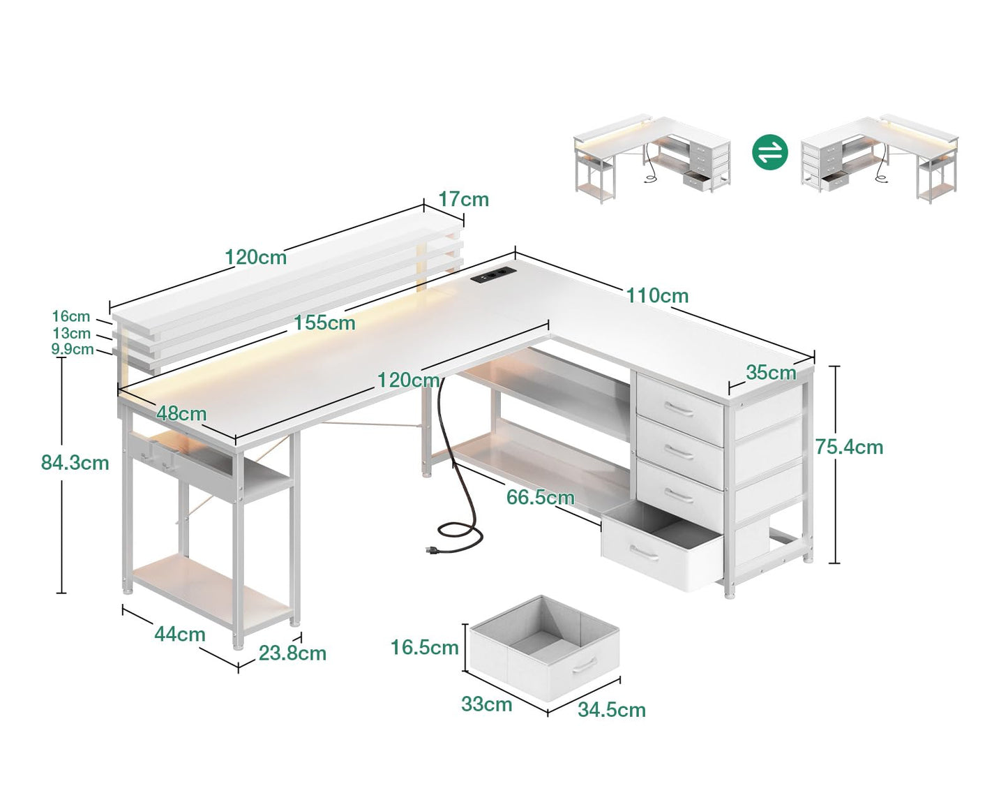 ODK Schreibtisch mit Schubladen, Reversible Eckschreibtisch mit 2 Steckdosen und 2 USB Ladeanschluss, Bürotisch L Form mit LED für Home Office 155×110cm (Alles Weiß)