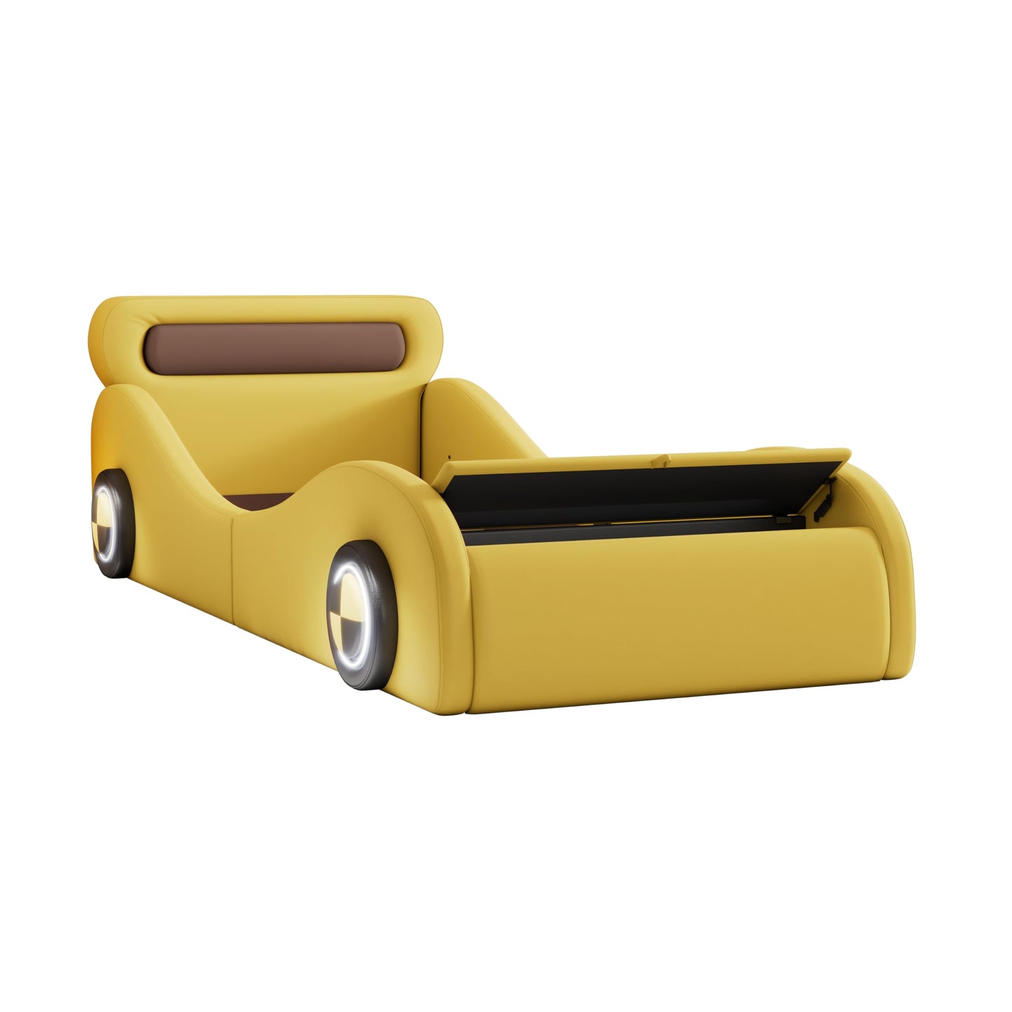 Autobett Kinderbett Jugendbett 90x200, Polsterbett Einzelbett mit leuchtenden Rädern&Stauraum, Aufregendes Auto Kinderbett für kleine Rennfahrer, Kinder Spielbett mit Lattenrost, PU,Ohne Matratze,Weiß