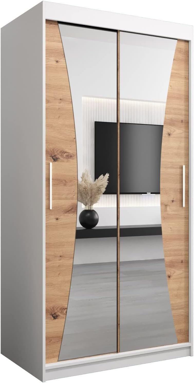 MEBLE KRYSPOL Kleiderschrank mit Spiegel Monaco - Garderobenschrank - Schrank Schlafzimmer - Mehrzweckschrank DREI Schiebetüren - Regalen - Flur Möbel - Kleiderstange Schrank - Allzweckschrank