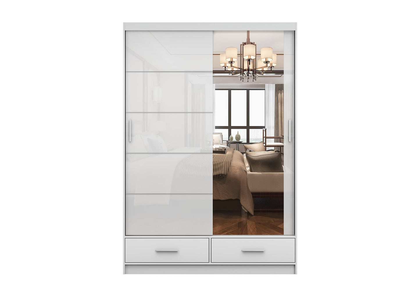 Fabryka Mebli Idźczak Kleiderschrank mit Spiegel weiß - Schwebetürenschrank - Schlafzimmerschrank - 61 x 250 x 218 cm - Wohnzimmerschrank - Garderobenschrank, Schrank mit 2 Türen, 4 Schubladen