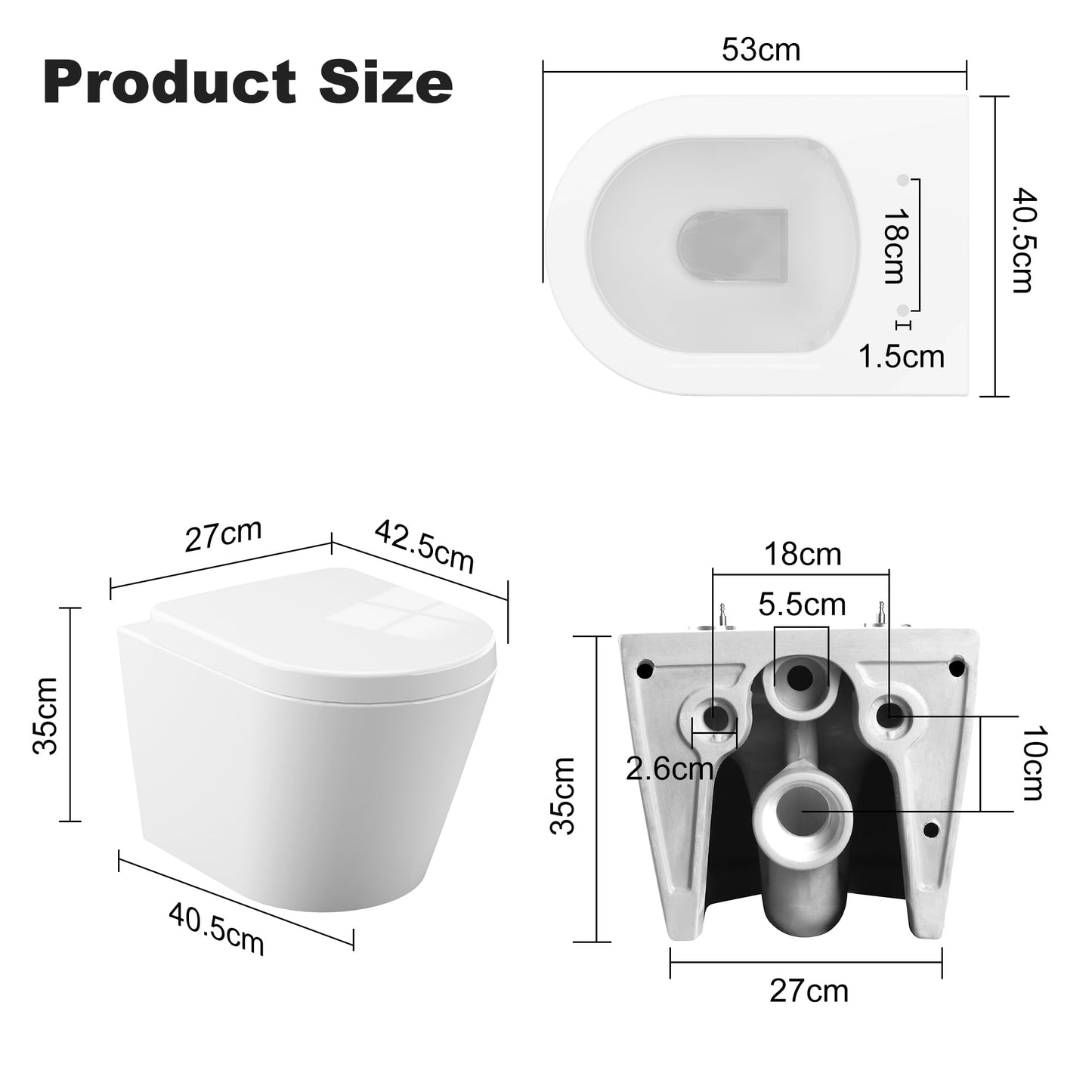 Hängend WC Spülrandlos Toilette, Wand-WC Set aus Keramik mit Toilettendeckel Abnehmbaren Absenkautomatik Effizienter Spültechnik Hängetoilette, D-Form,Lang 51cm, Weiß