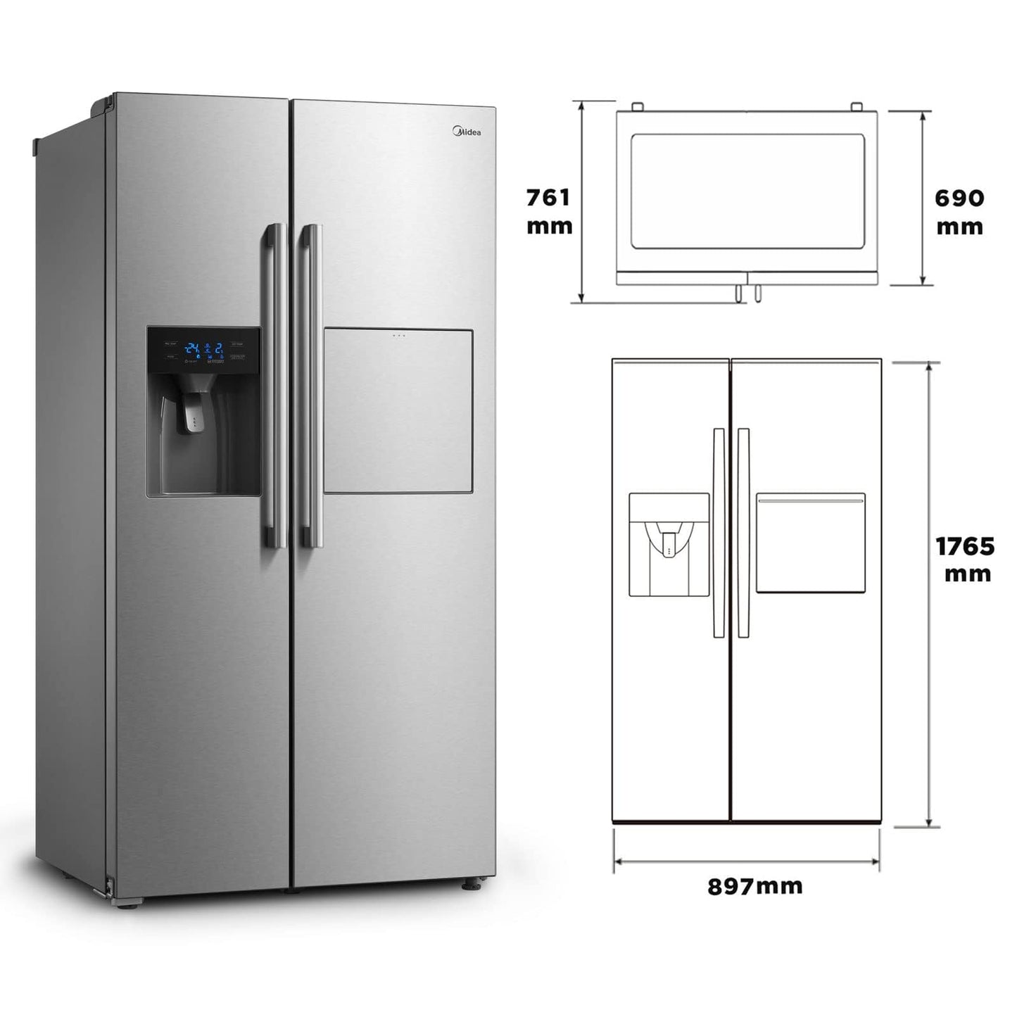 Midea KS-DDX 6.32 WT Side-by-Side Kühl-/Gefrierkombination/ 178,8 cm Höhe/ 254 kWh/Jahr/No Frost/Dual Inverter Compressor/mit 3in1 Wasser-/Eisspender und Wassertank, Dark Inox