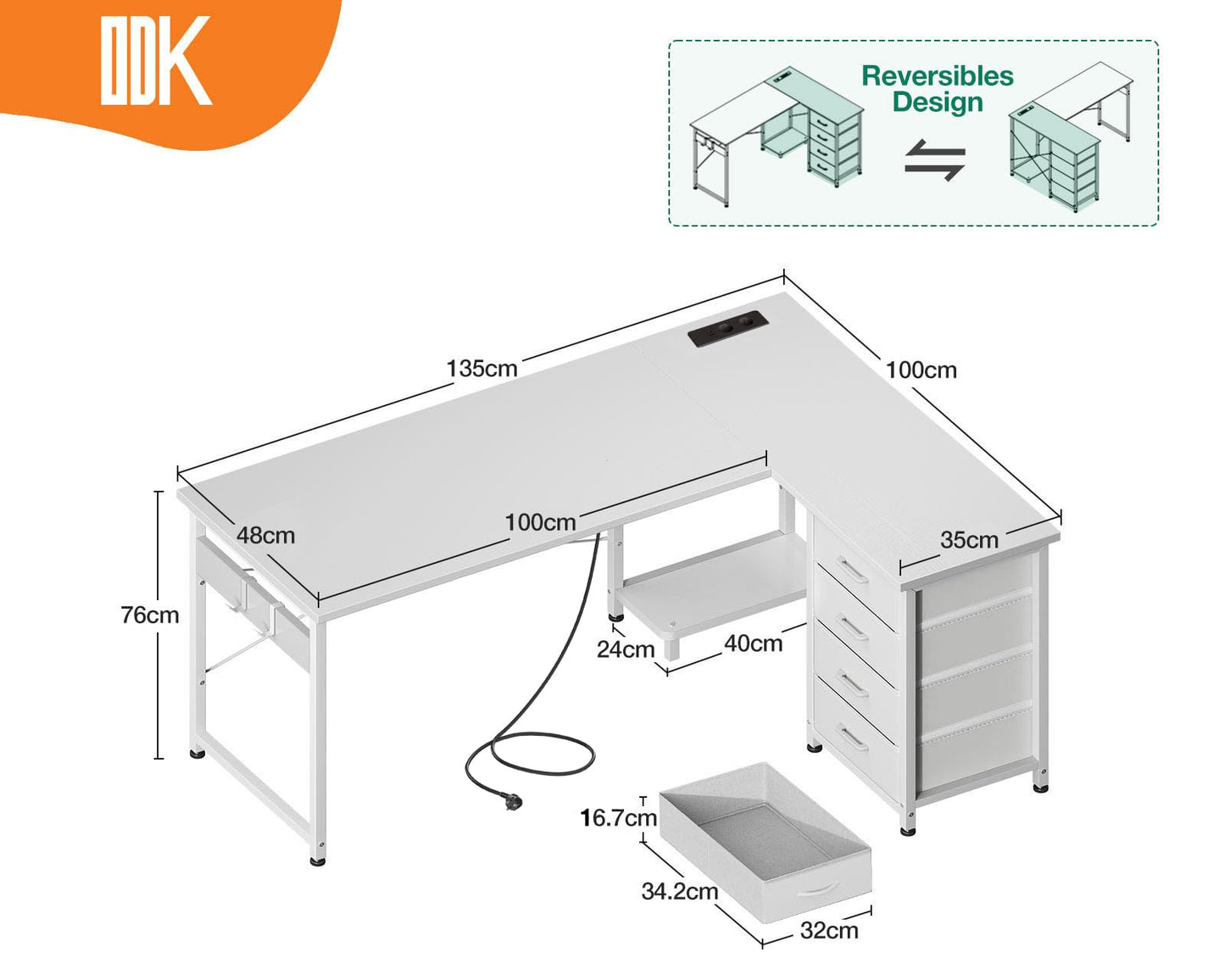 ODK Corner Desk with 4 Drawers, 135 x 100 cm, L Shape Desk with Socket and USB Charging Port, Reversible Desk with Storage Space for Home Office and Gaming, Black