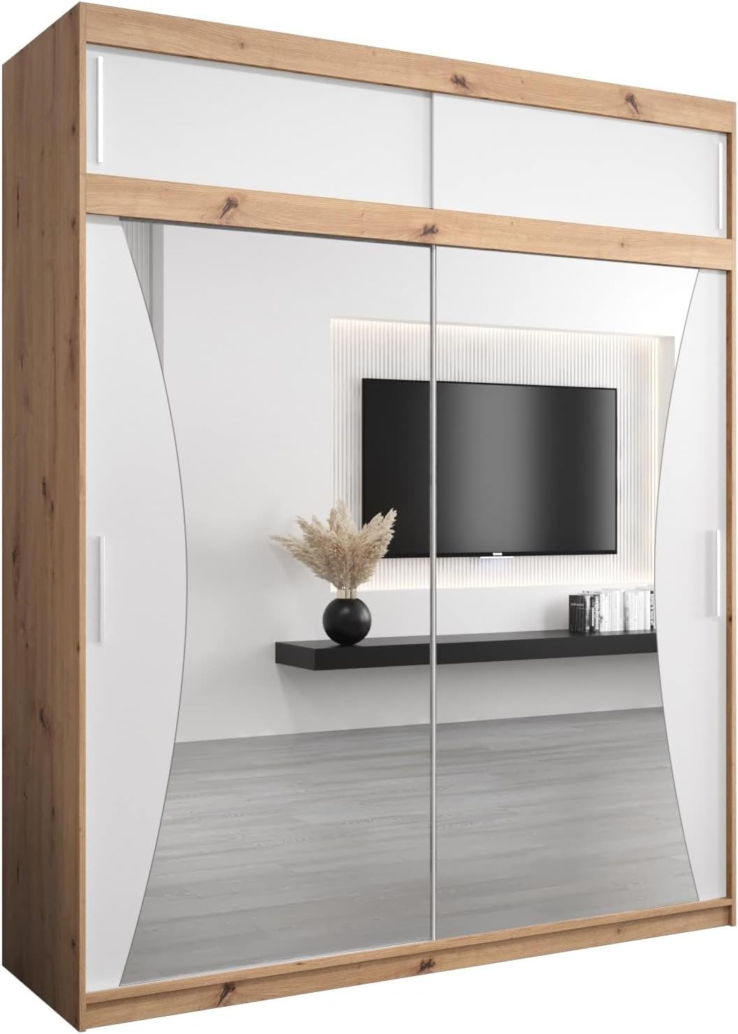 MEBLE KRYSPOL Kleiderschrank mit Spiegel Monaco - Garderobenschrank - Schrank Schlafzimmer - Mehrzweckschrank DREI Schiebetüren - Regalen - Flur Möbel - Kleiderstange Schrank - Allzweckschrank