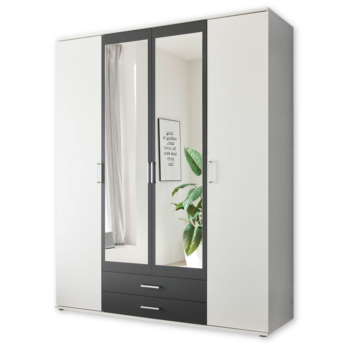 Stella Trading HANAU Wardrobe with Mirror Door in White, Graphite, Versatile Hinged Door Cupboard, 4 Doors for Your Bedroom, 160 x 196 x 54 cm (W x H x D)