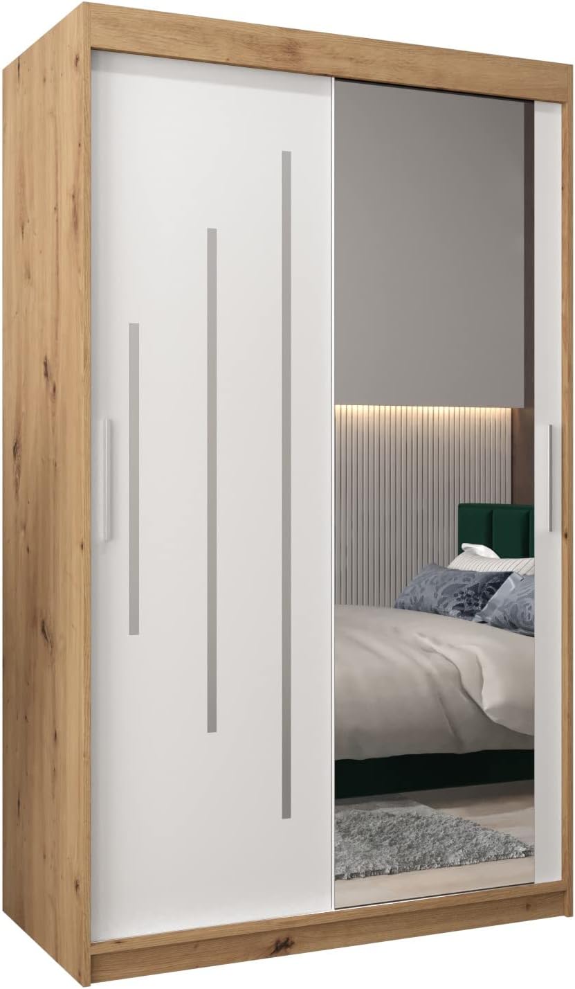 MEBLE KRYSPOL Kleiderschrank mit Spiegel York 2 - Garderobenschrank - Schrank Schlafzimmer - Mehrzweckschrank Zwei Schiebetüren - Regalen - Flur Möbel - Kleiderstange Schrank - Allzweckschrank